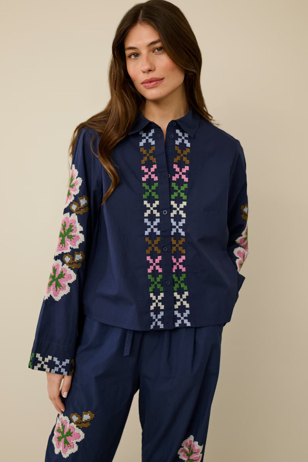 Culture Embroidery Shirt Dress Blues
