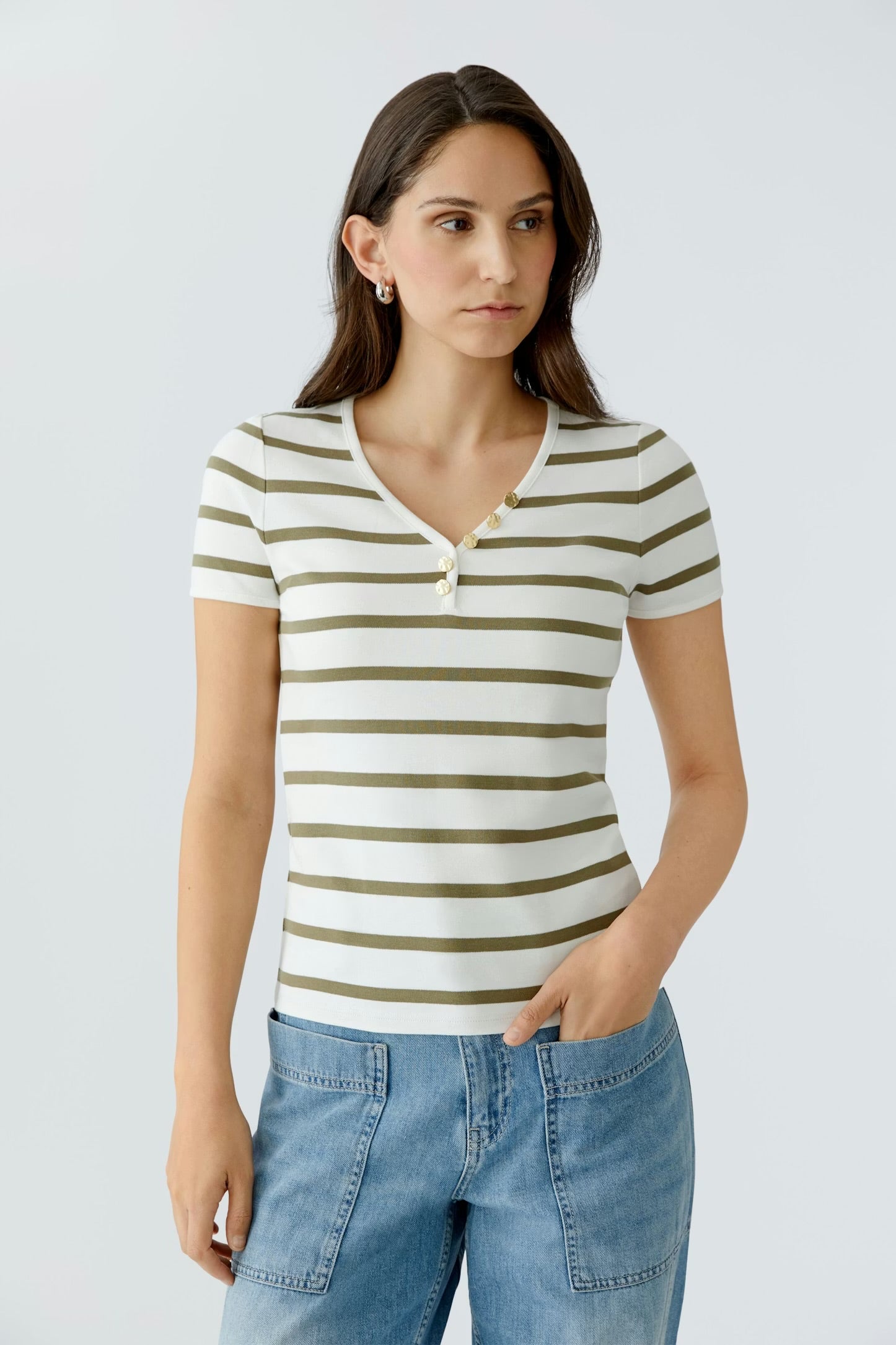 Oui Striped T-shirt In White & Khaki