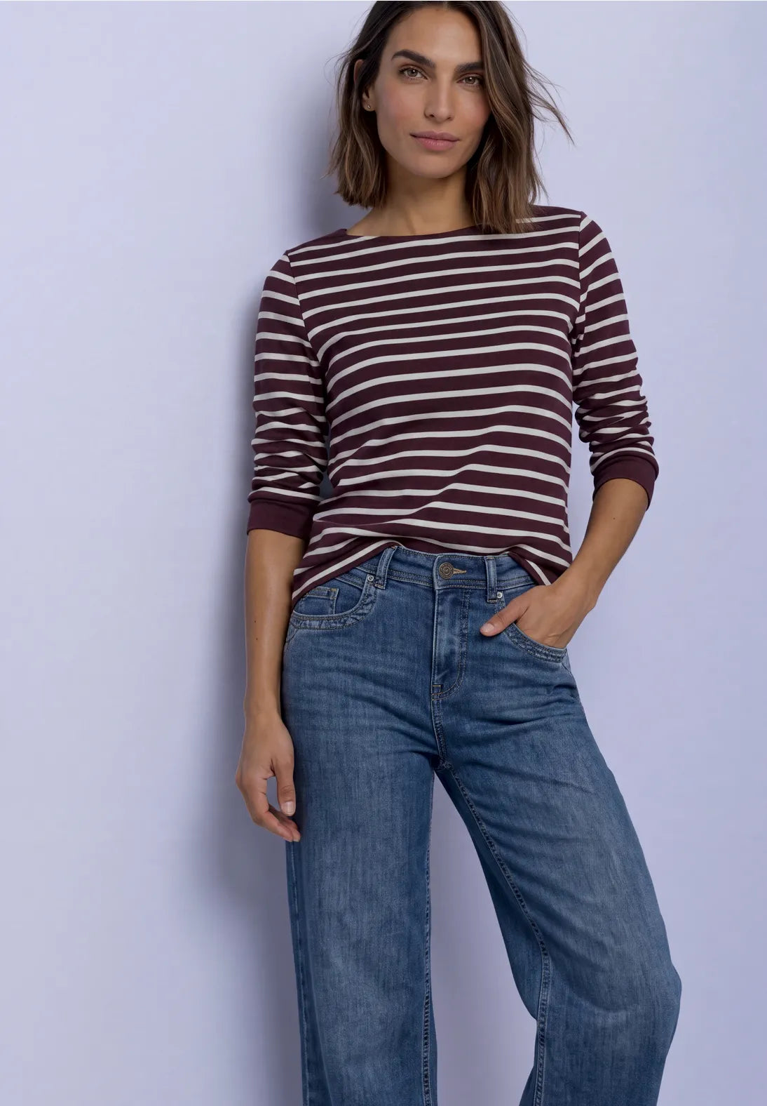 Striped boat neck top in Rustic Rouge
