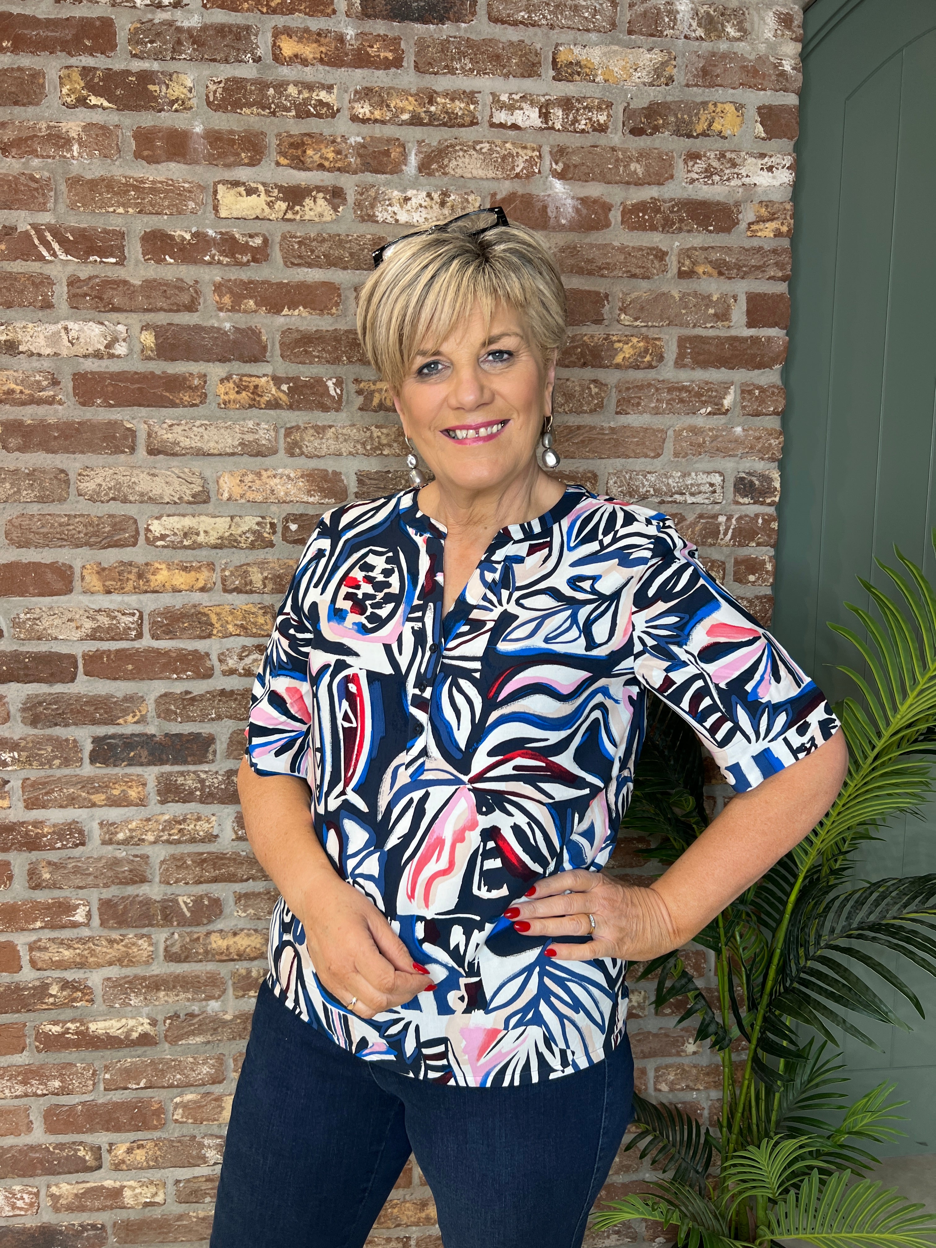 Cecil split neck print blouse In Universal Blue