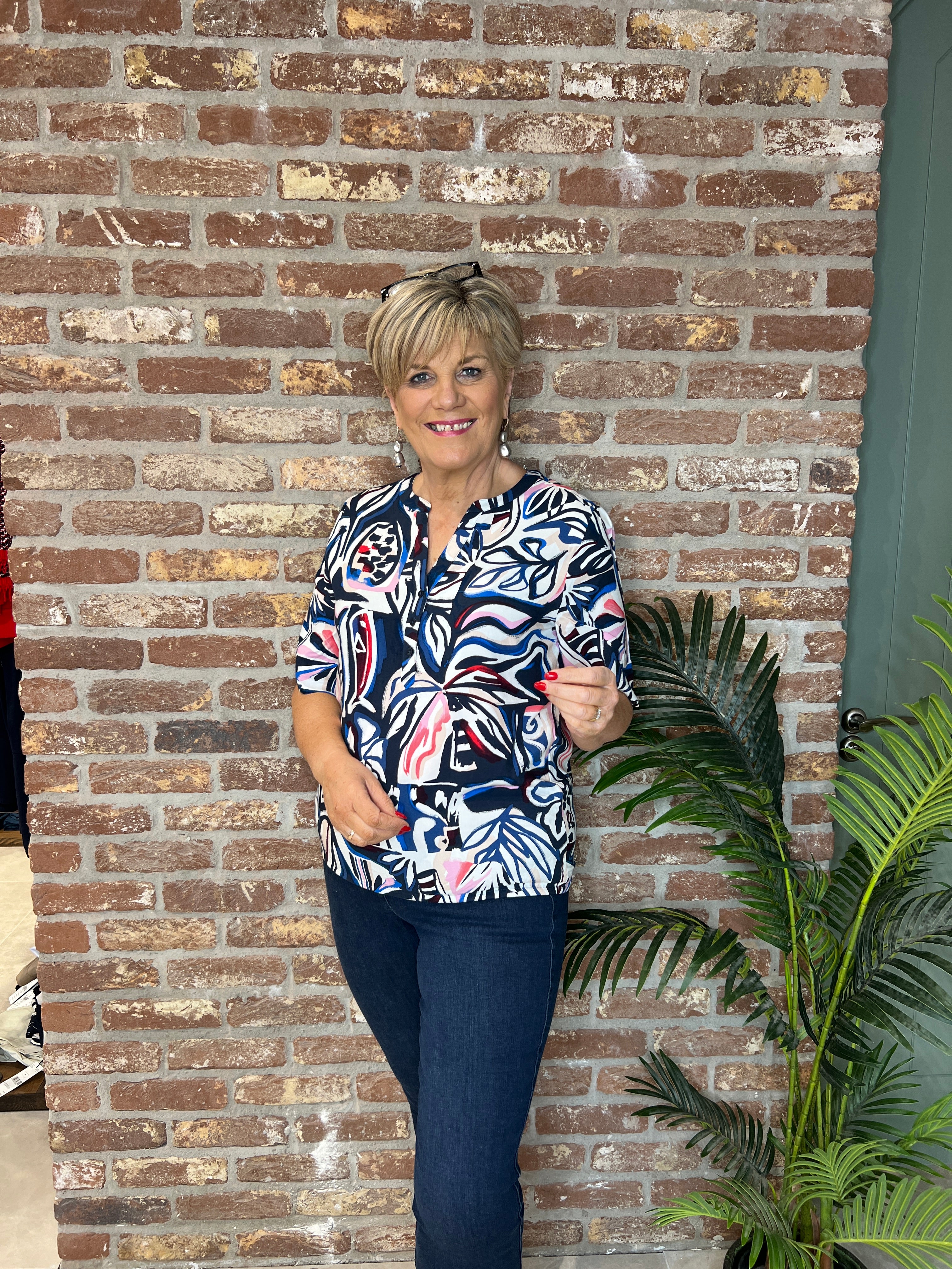 Cecil split neck print blouse In Universal Blue