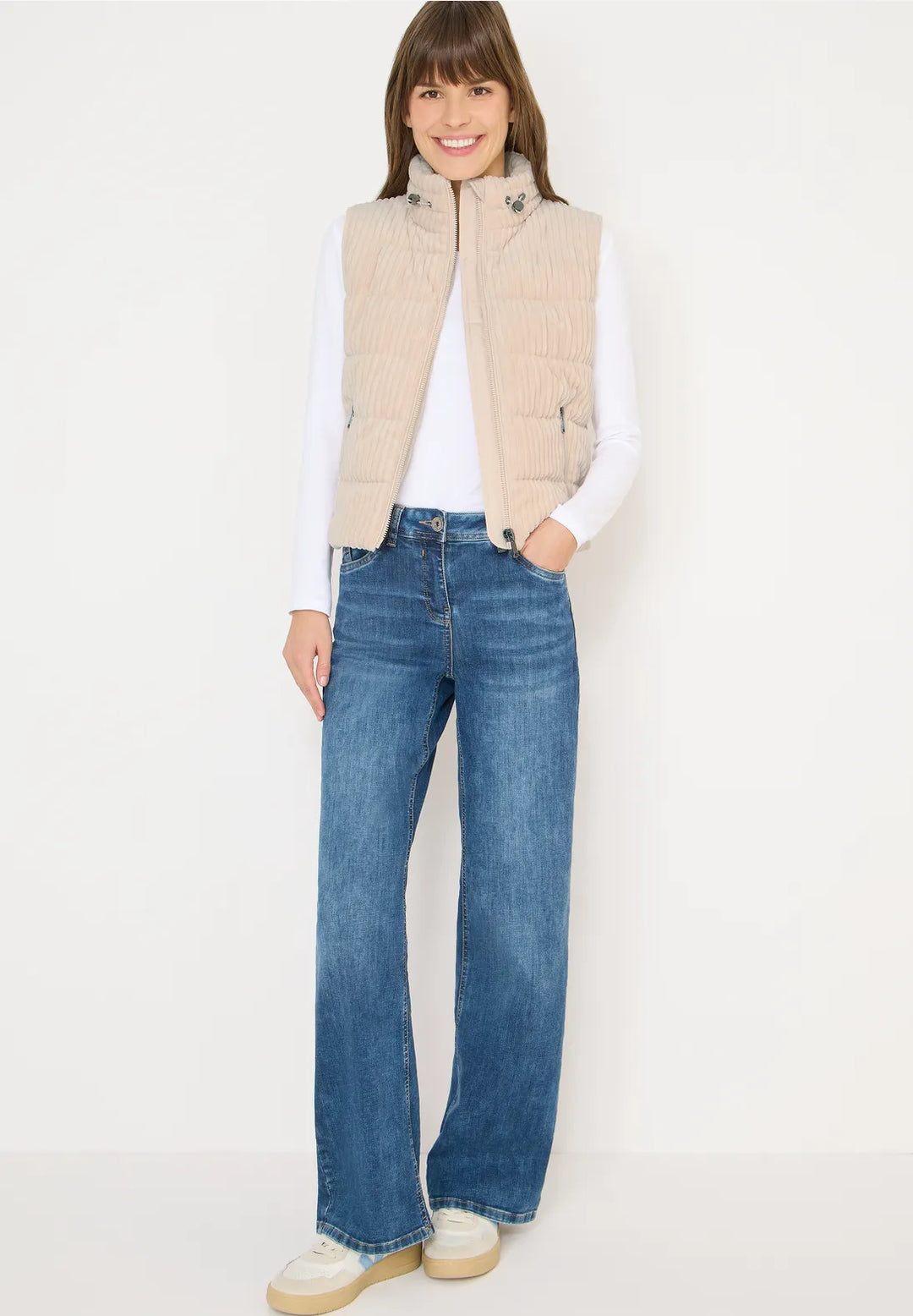 Cecil Cord Quilted Gilet In Pearl Beige