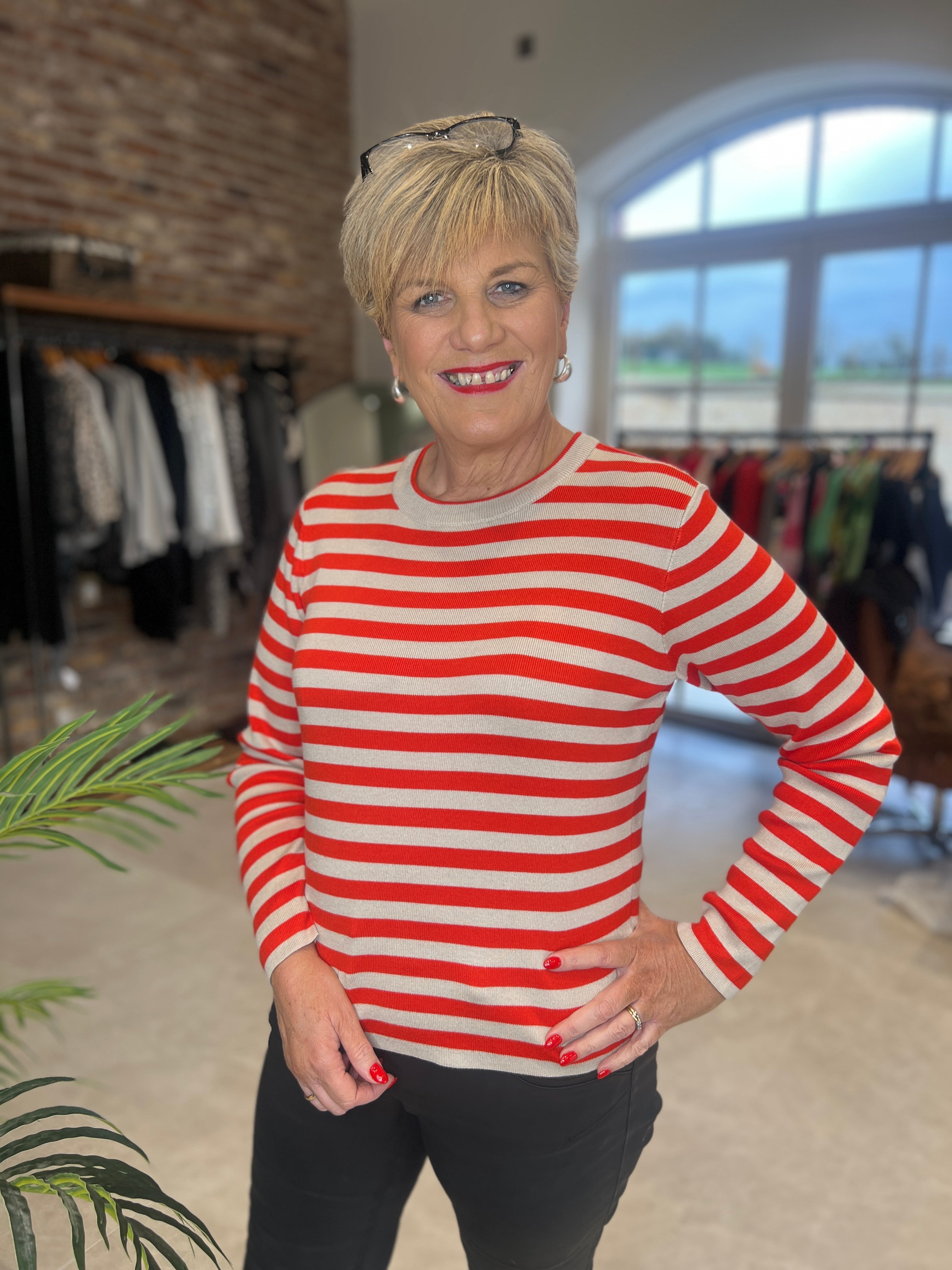 Nümph Nustripy Striped Pullover In Fiery Red