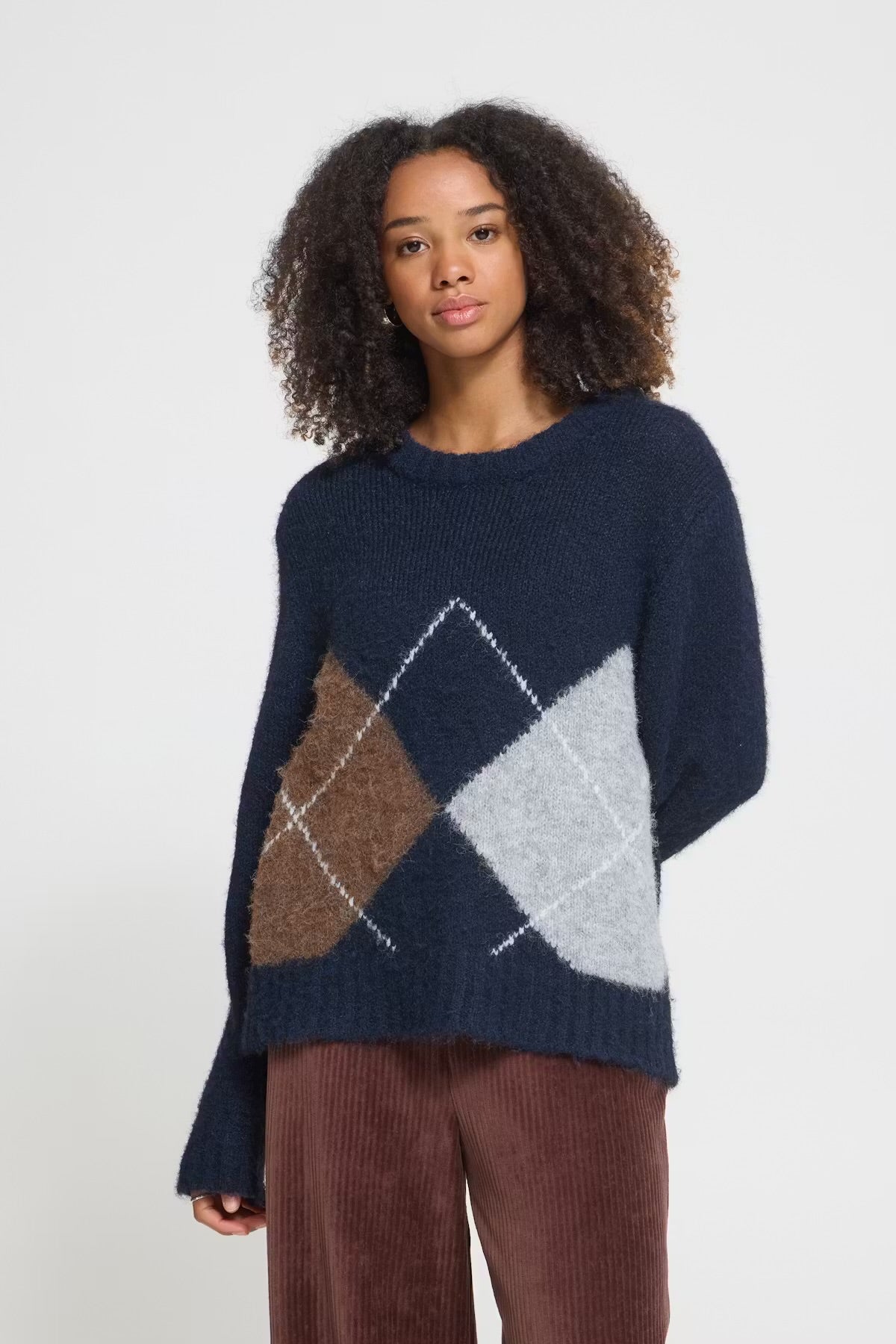 Diamond print pullover in Blue & Brown