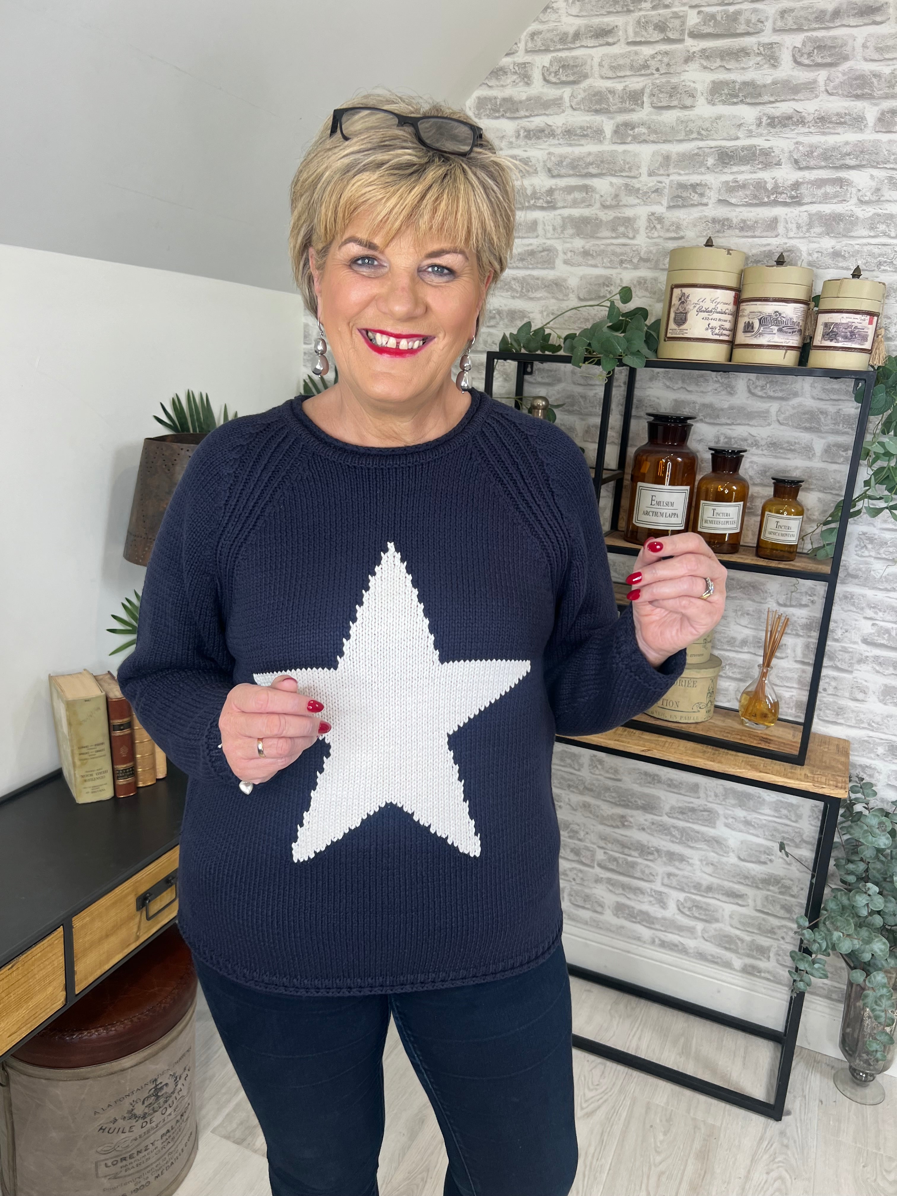 Oui Pullover With Star In Dark Blue & White