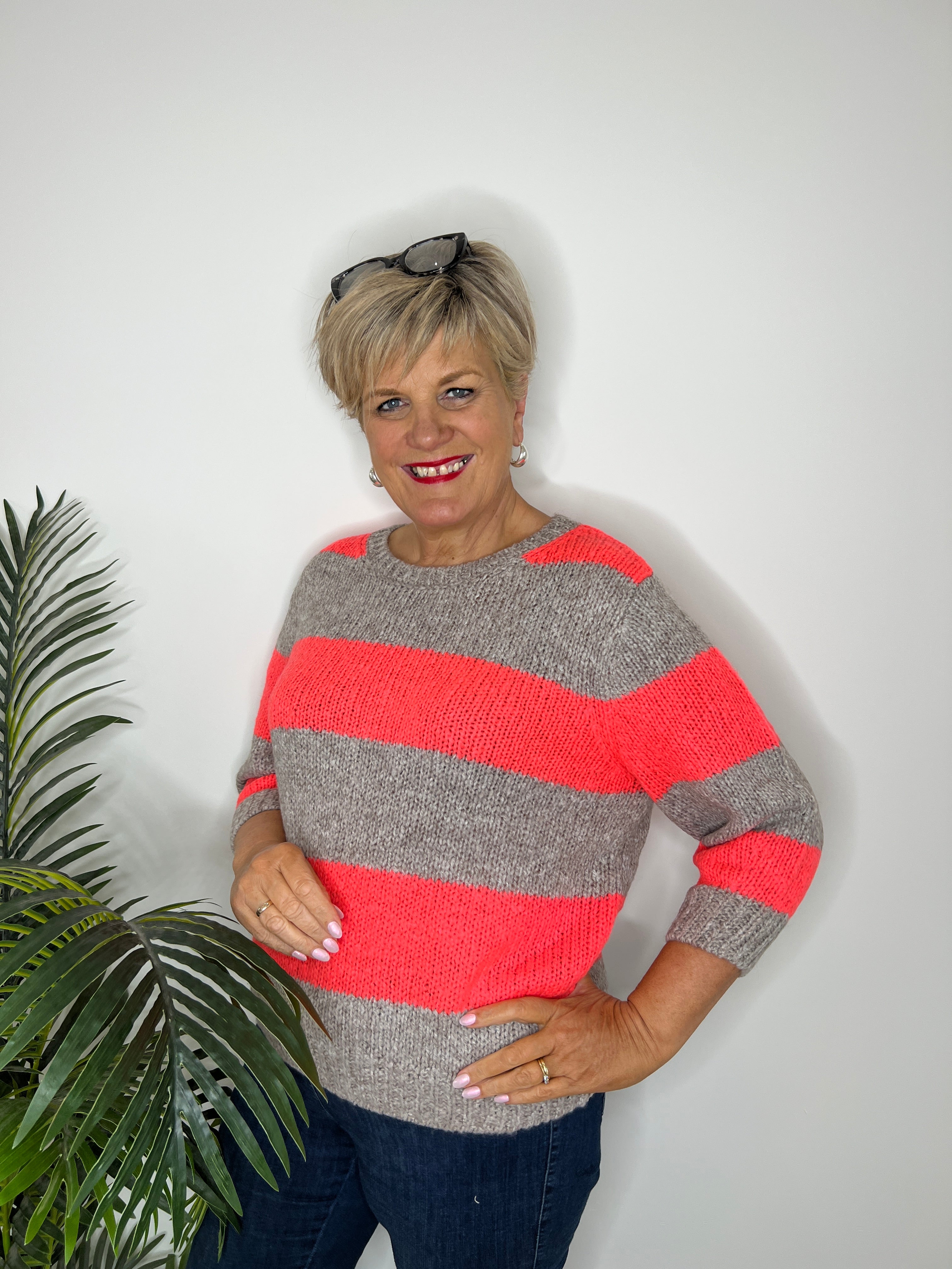 Oui Esmy Striped Pullover In Brown Rose