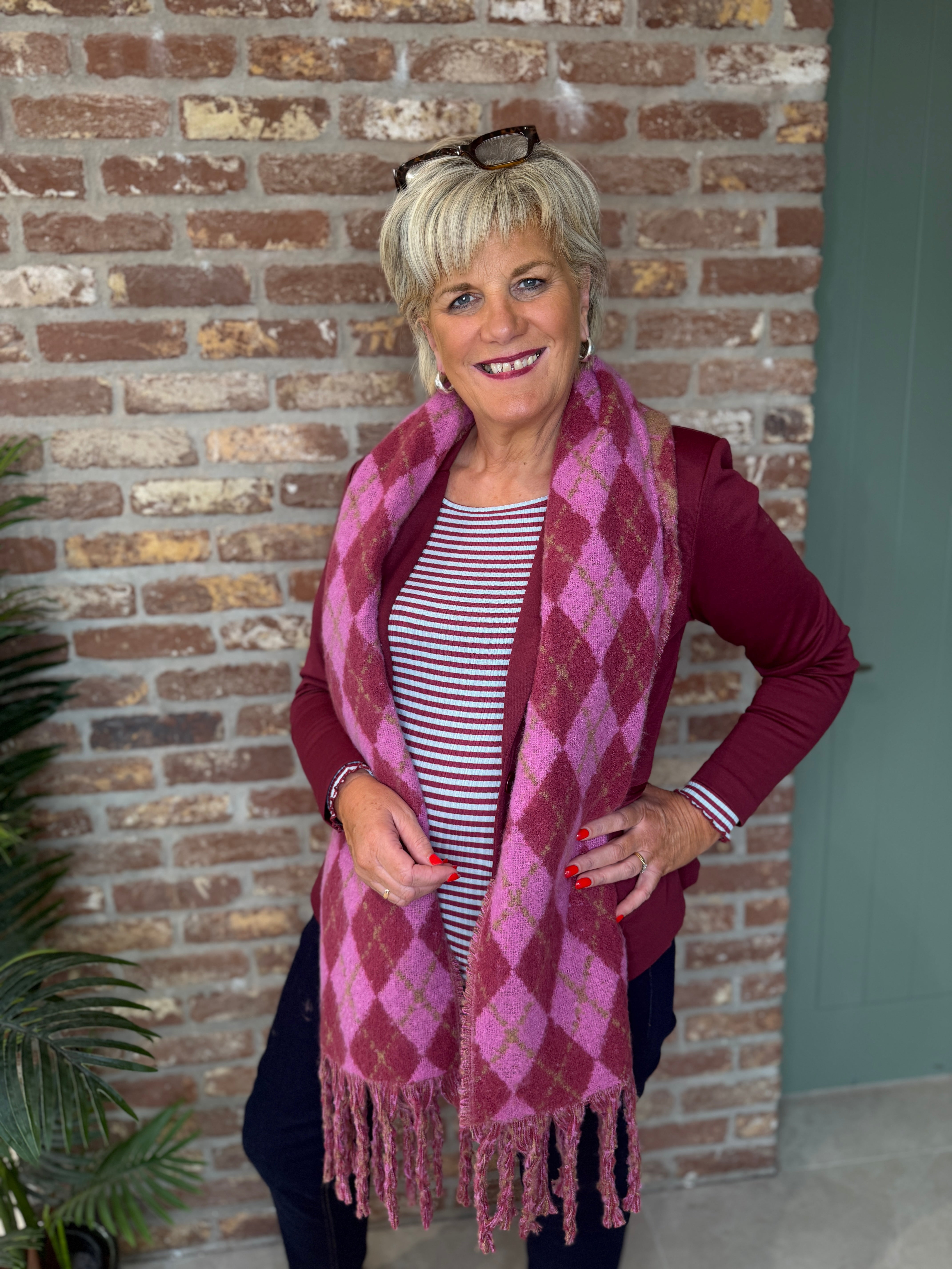 Patterned Tassel Scarf In Red multi