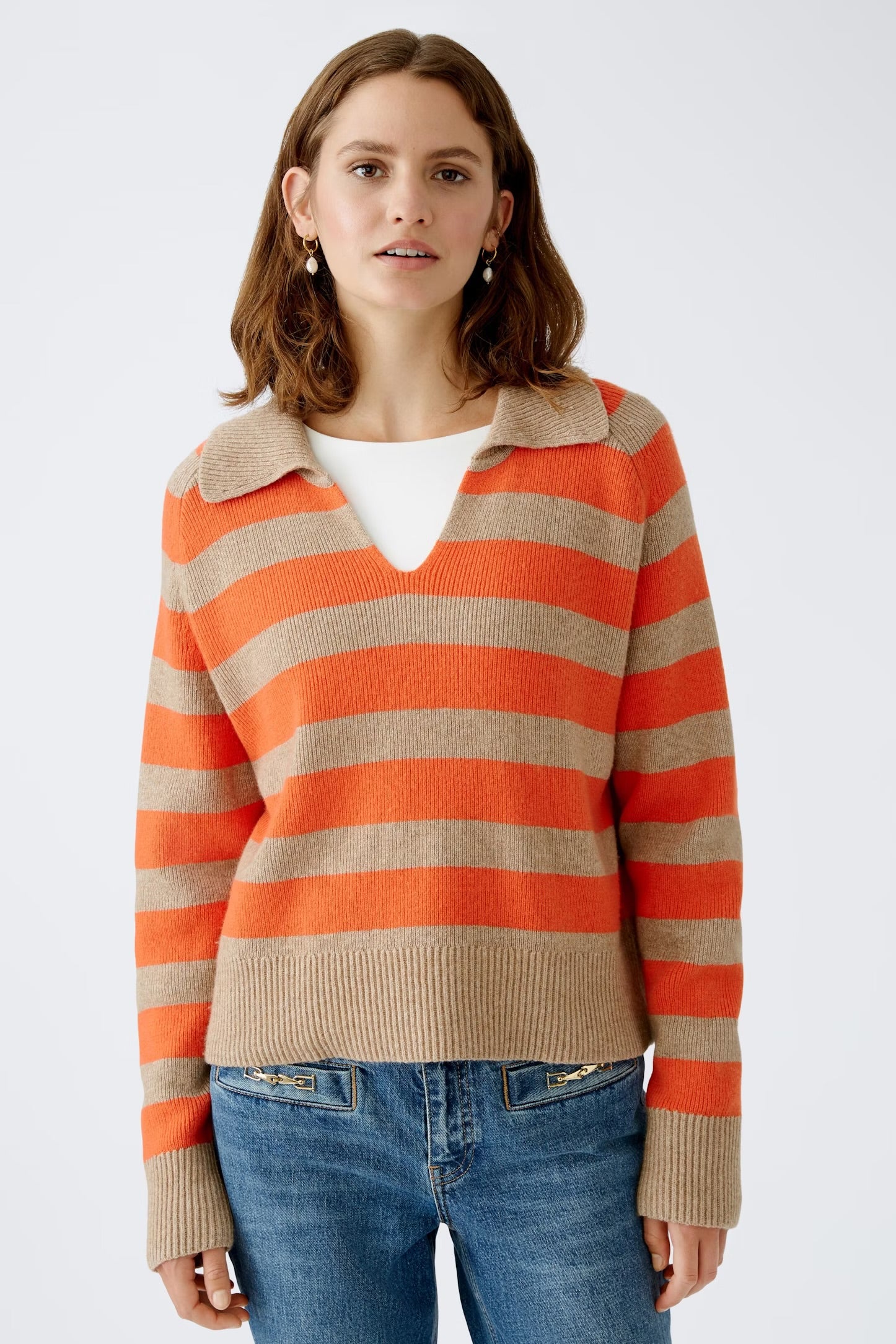 Oui Striped Pullover In Stone & Red