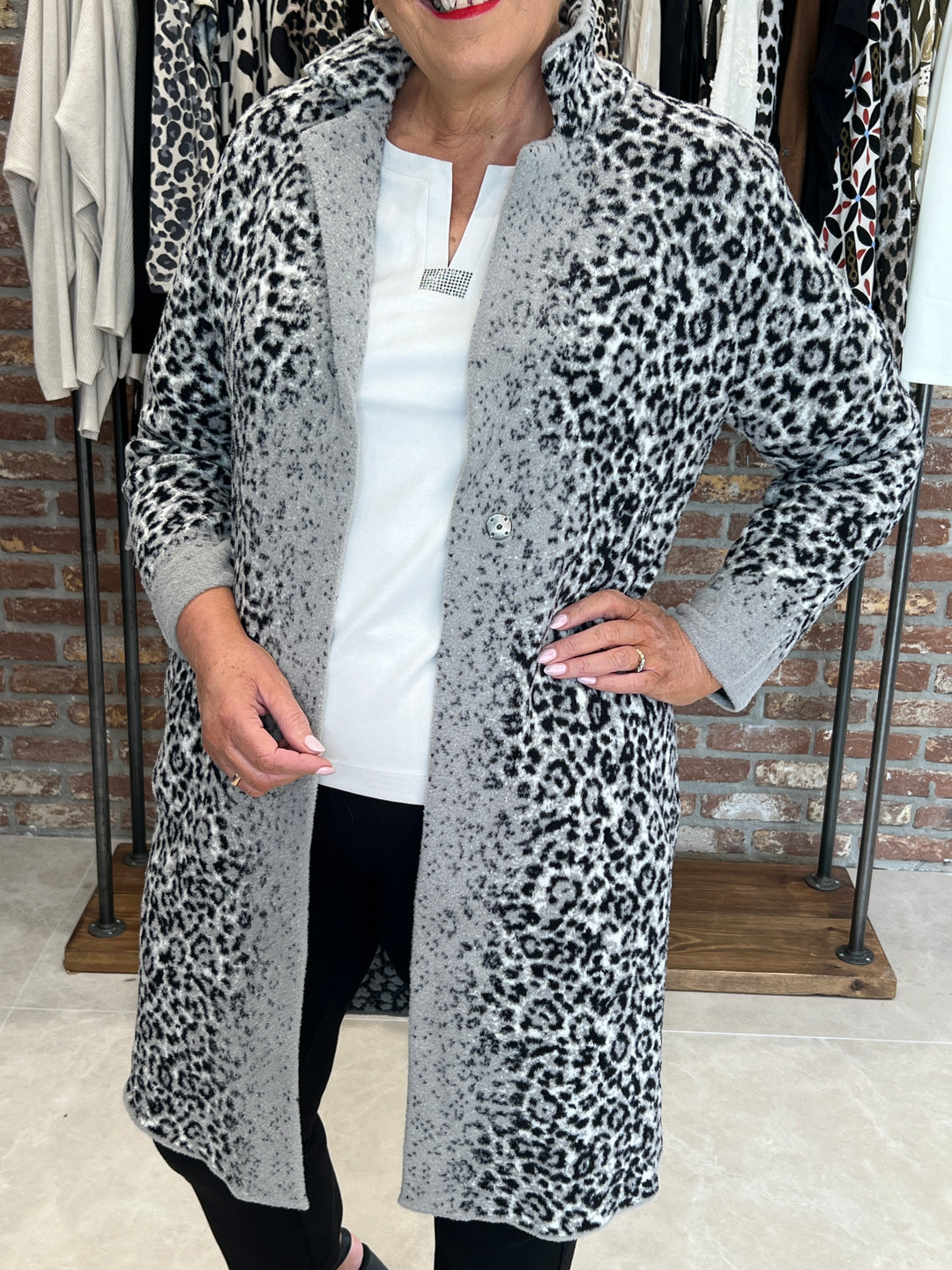 Monari Knitted Cardigan With Leopard Pattern In Griege