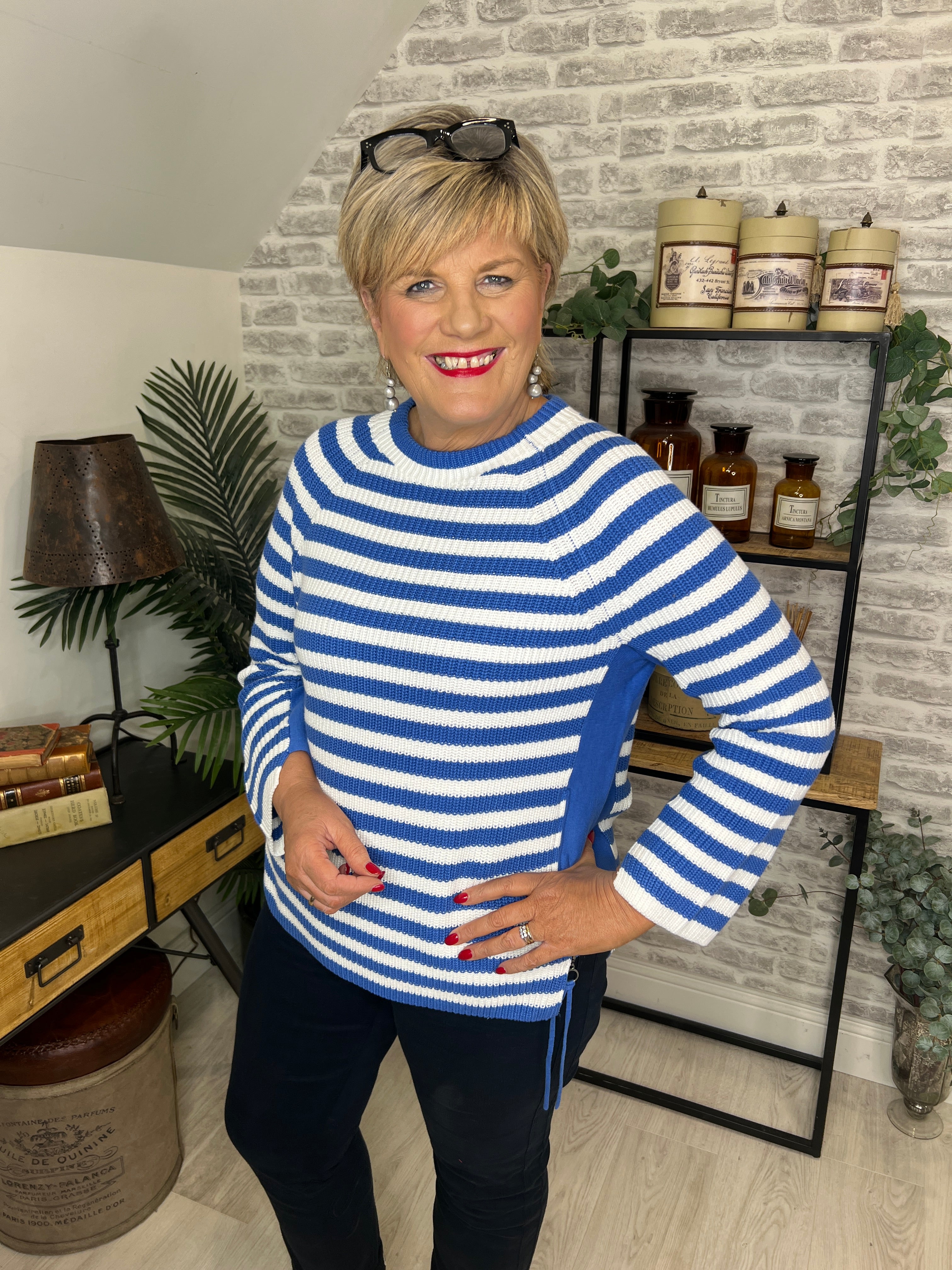 Oui Ruby Ribbed Jumper In Blue & White