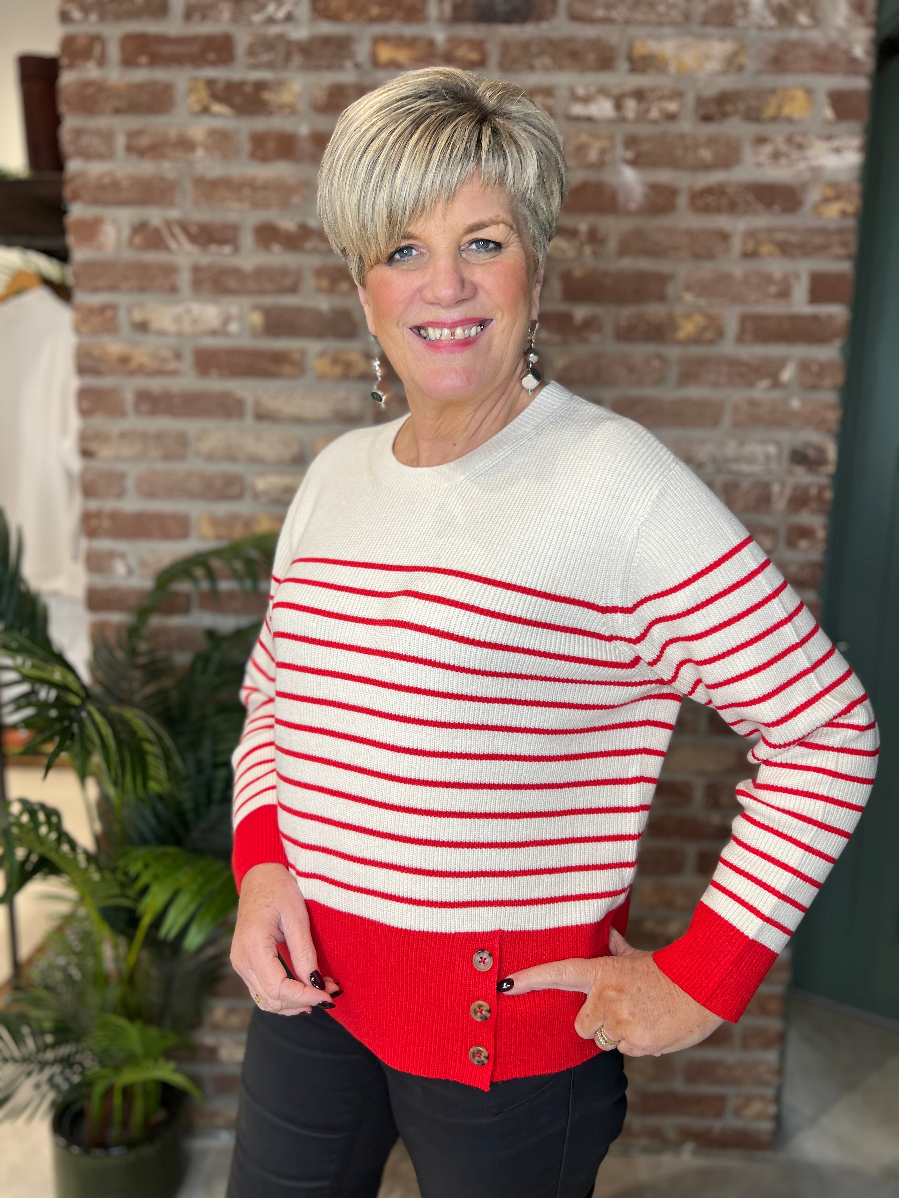 Oui Striped Pullover In White & Red