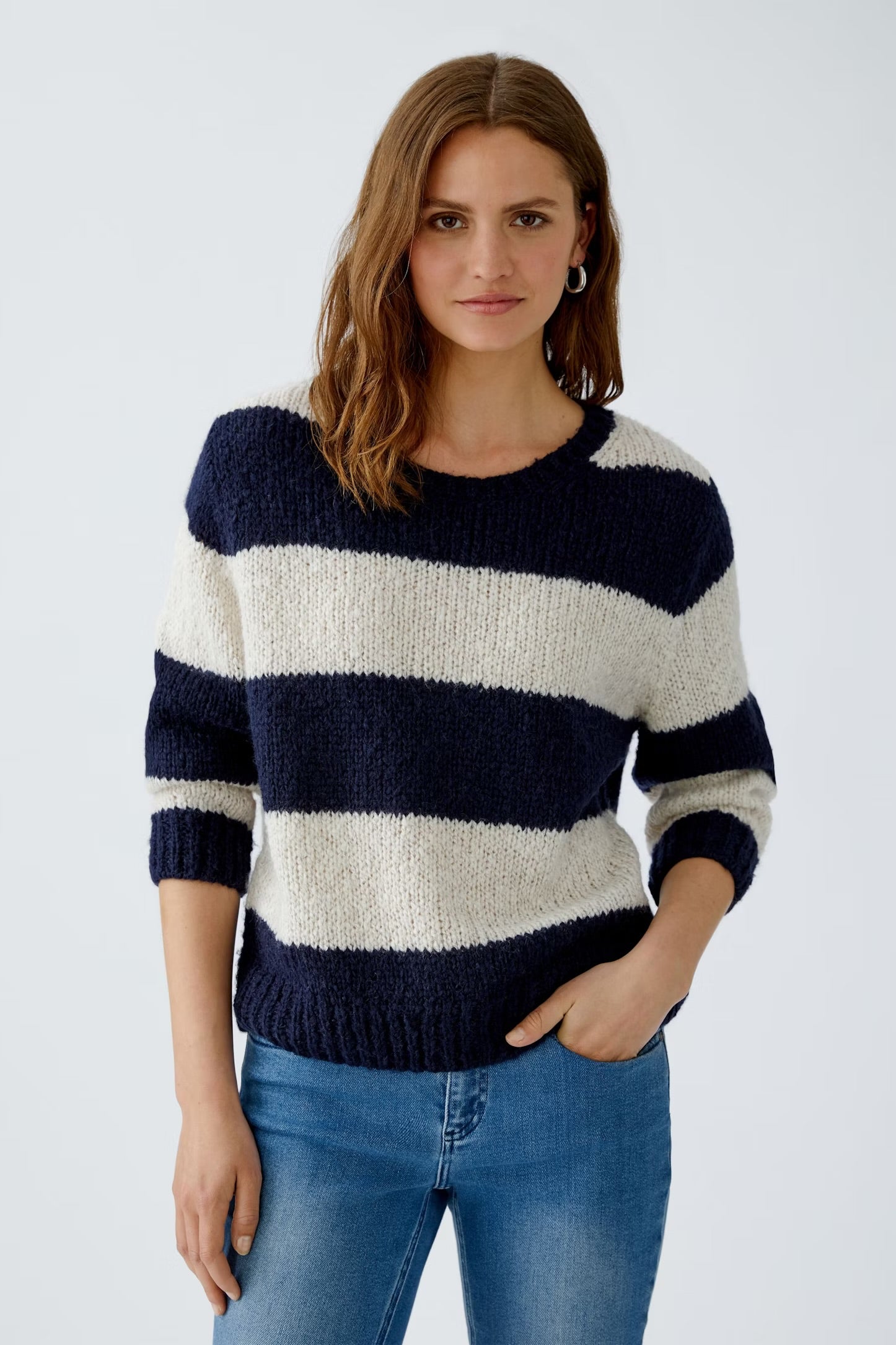 Oui Esmy Striped Pullover In Dark Blue & Stone