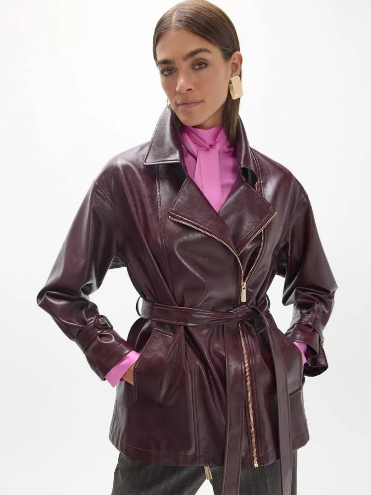 Faux leather biker style jacket in Burgundy