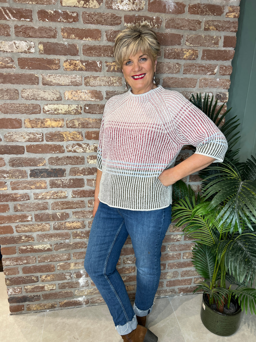 Oui block stripe pullover In White & pink