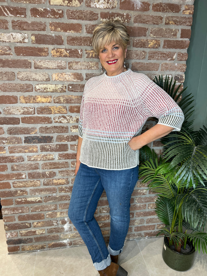 Oui block stripe pullover In White & pink