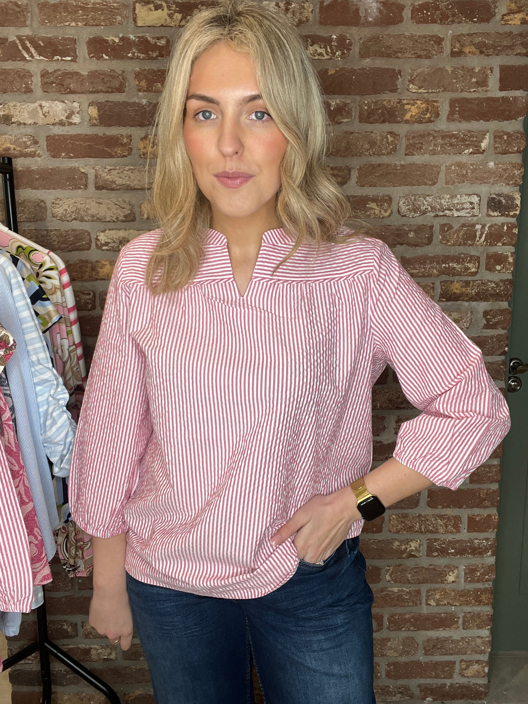 Cecil seersucker Striped Blouse In beetroot pink