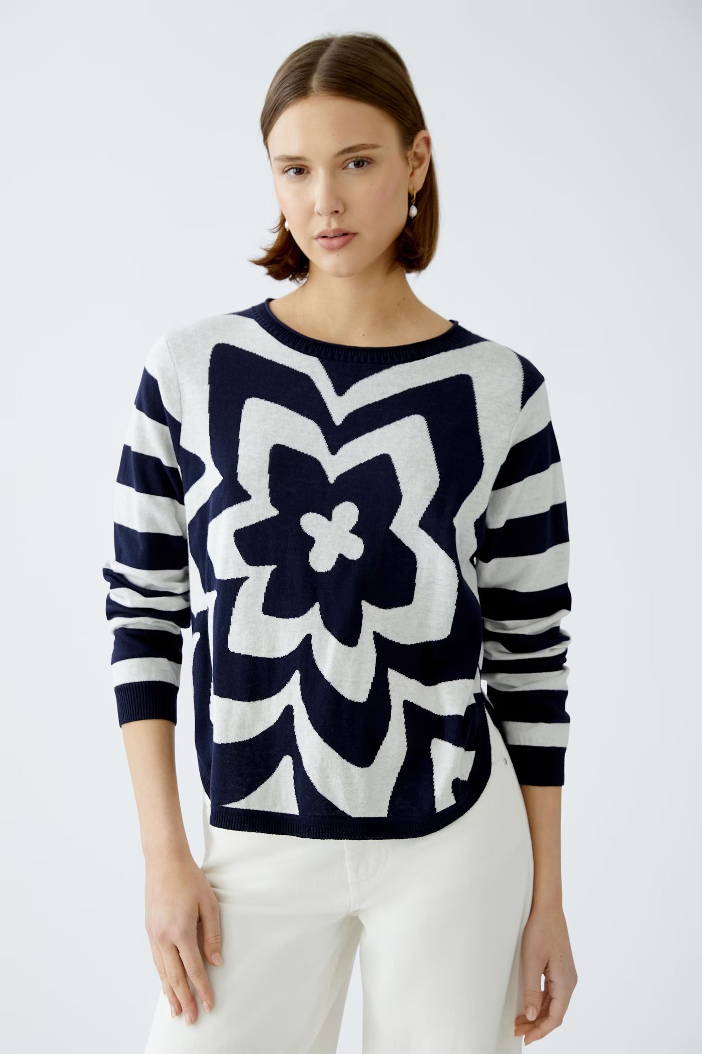 Oui Striped/Floral Jumper In navy & White