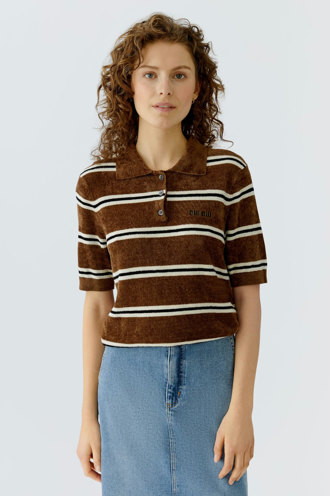 Oui Striped Polo Pullover In White & Black