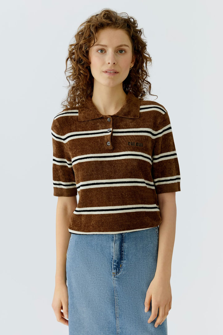 Oui Striped Polo Pullover In White & Black