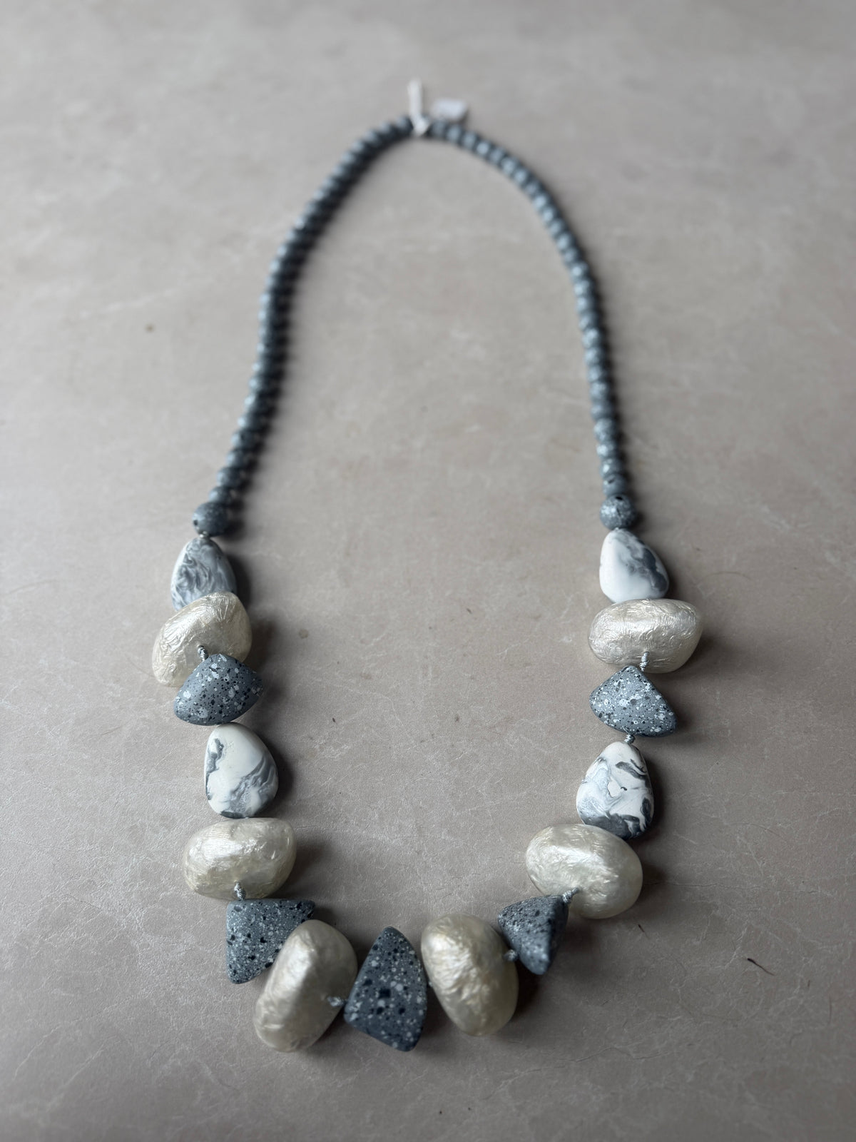 Pebble & ball bead necklace in grey & stone