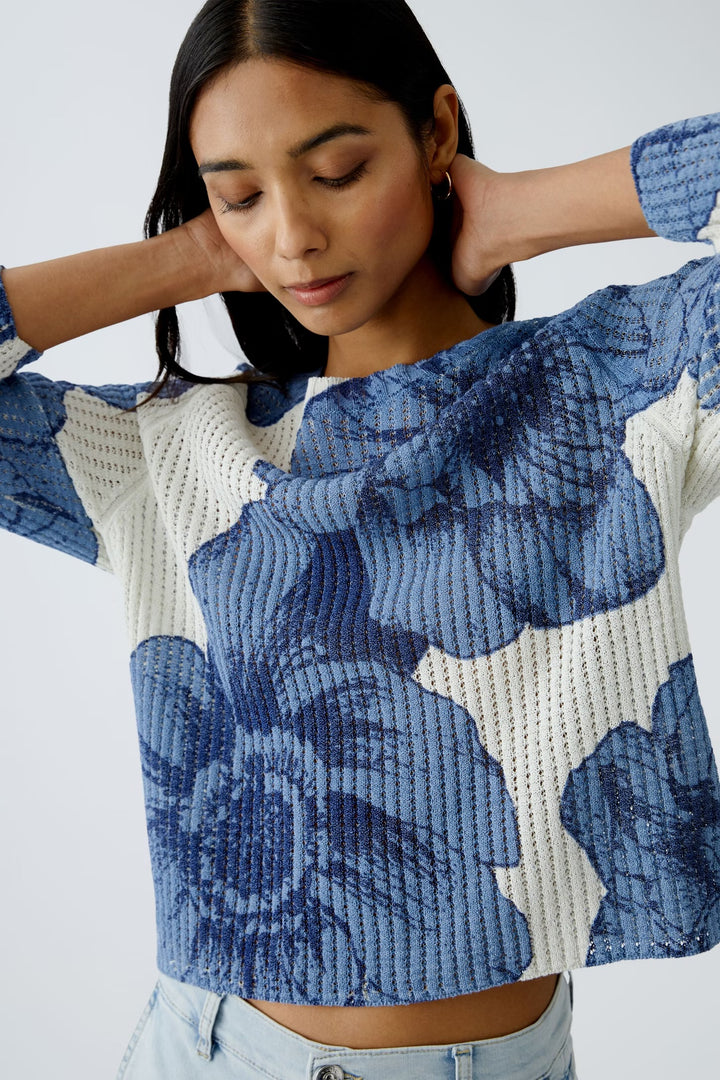 Oui Floral Pullover In Blue & White