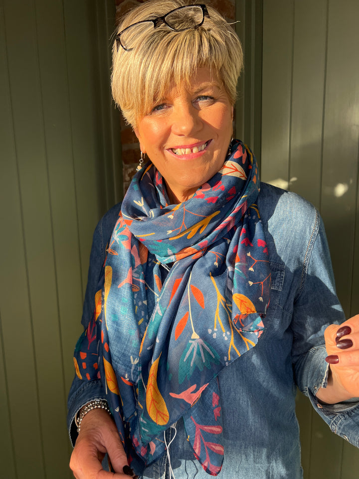 Sophie Fresh Foilage Scarf In Navy