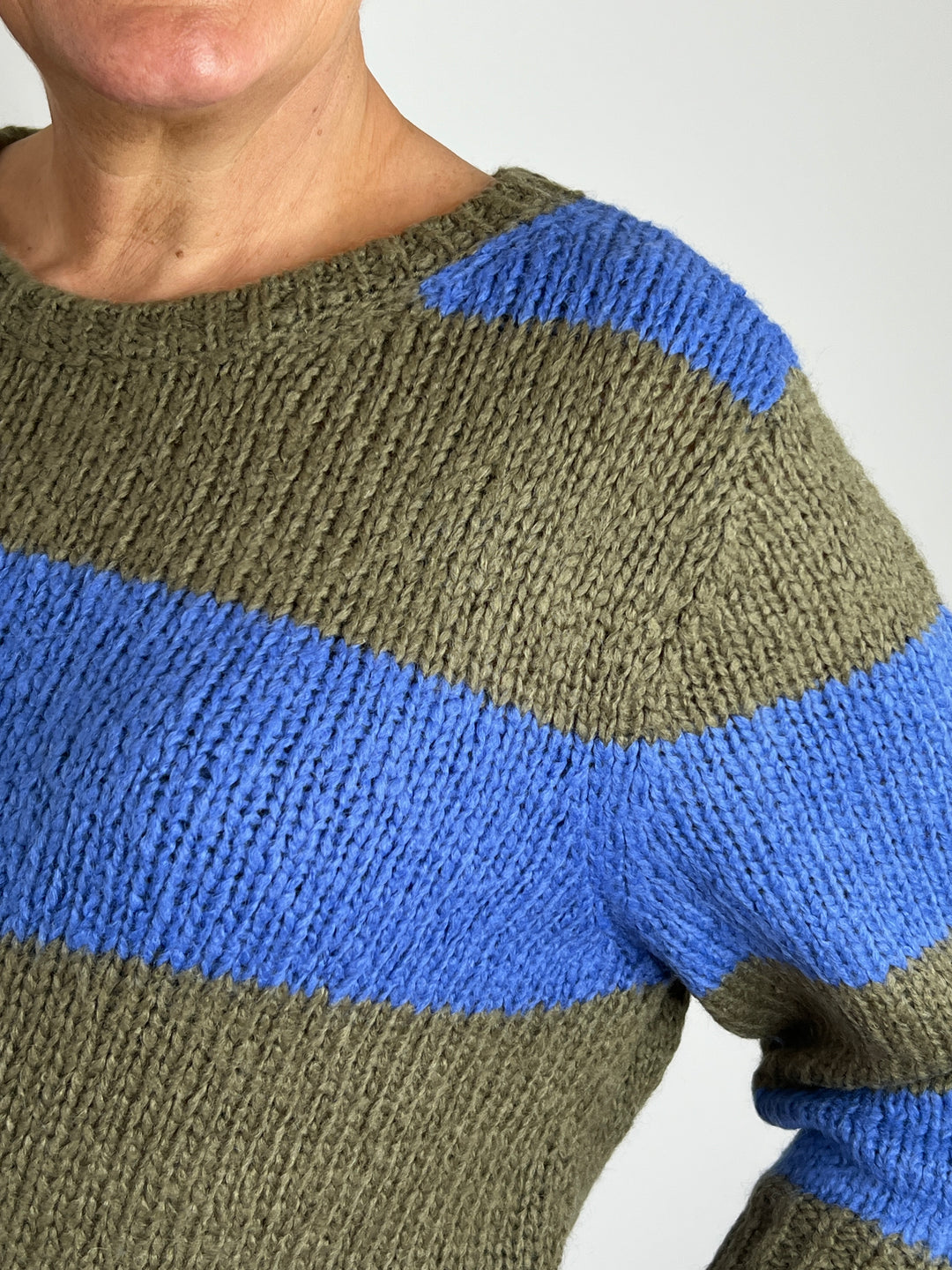 Oui Esmy Striped Pullover In Khaki & Blue