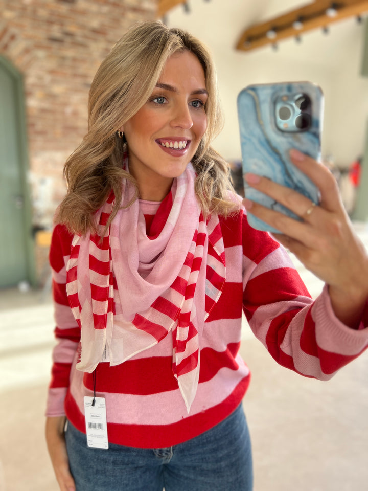Oui Heart & Stripes Print Scarf In Pink & Red