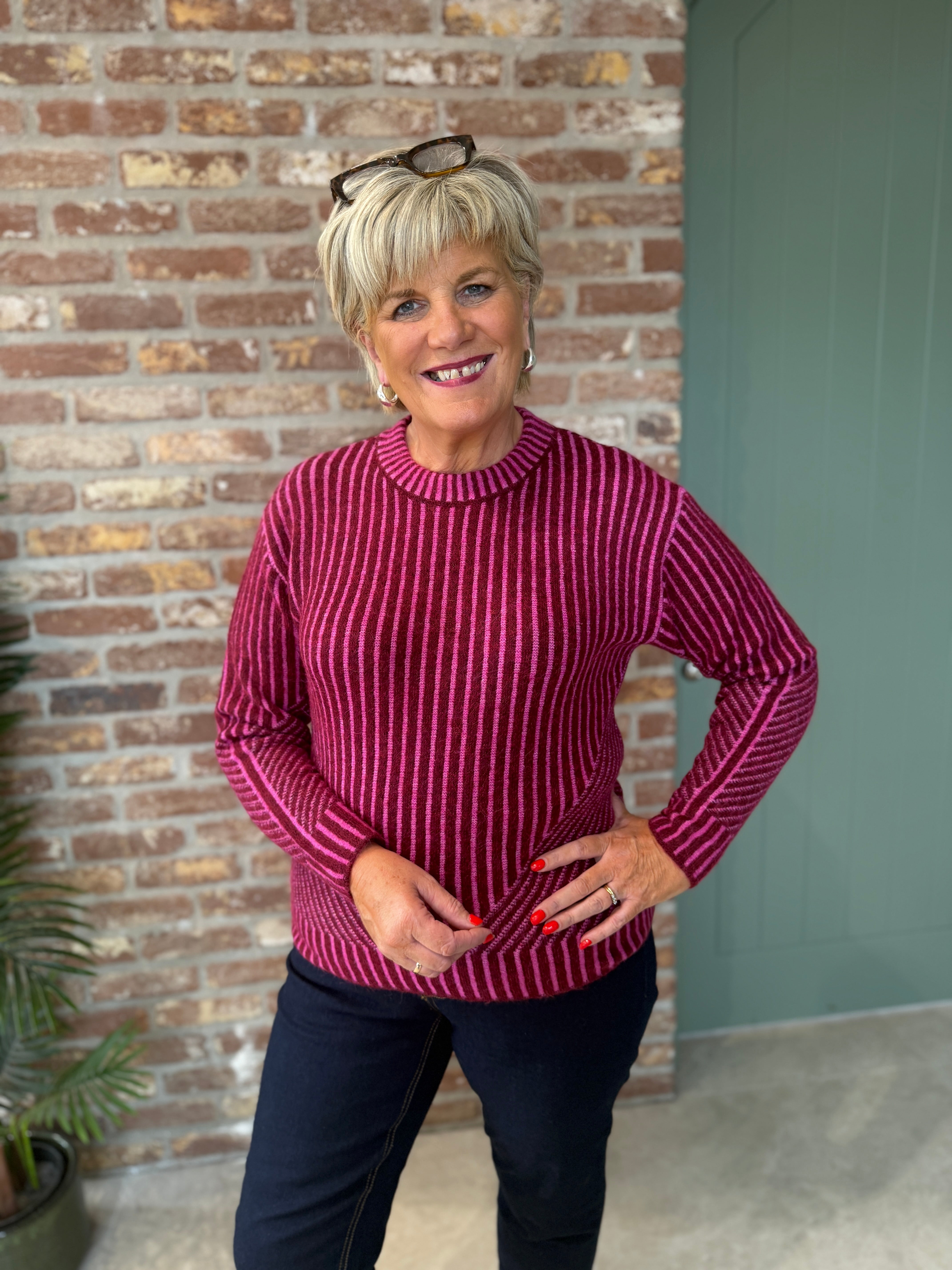 Stripe print pullover in pink & red multi