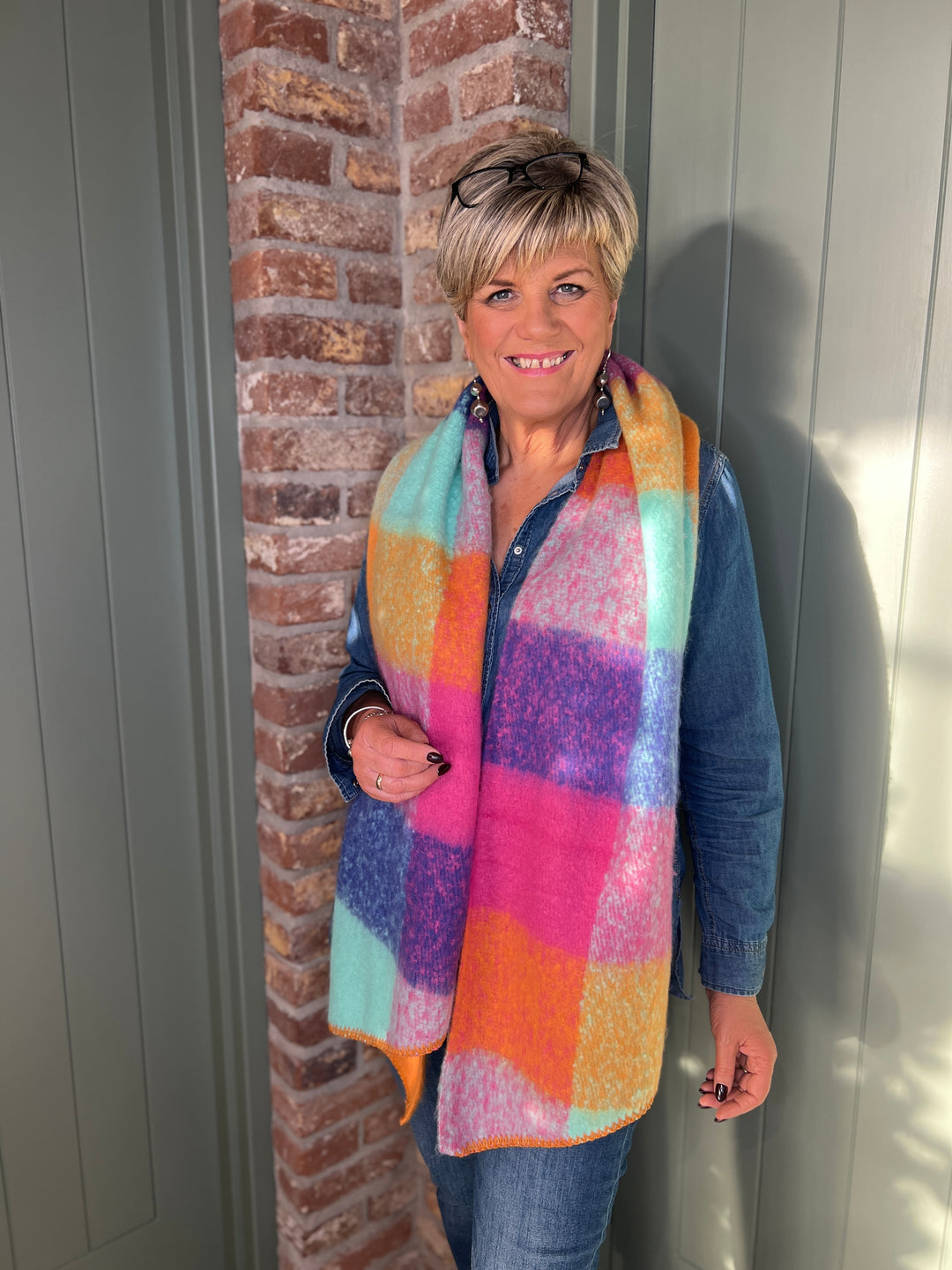 Sophie Tartan Angled Scarf In Pink Multi