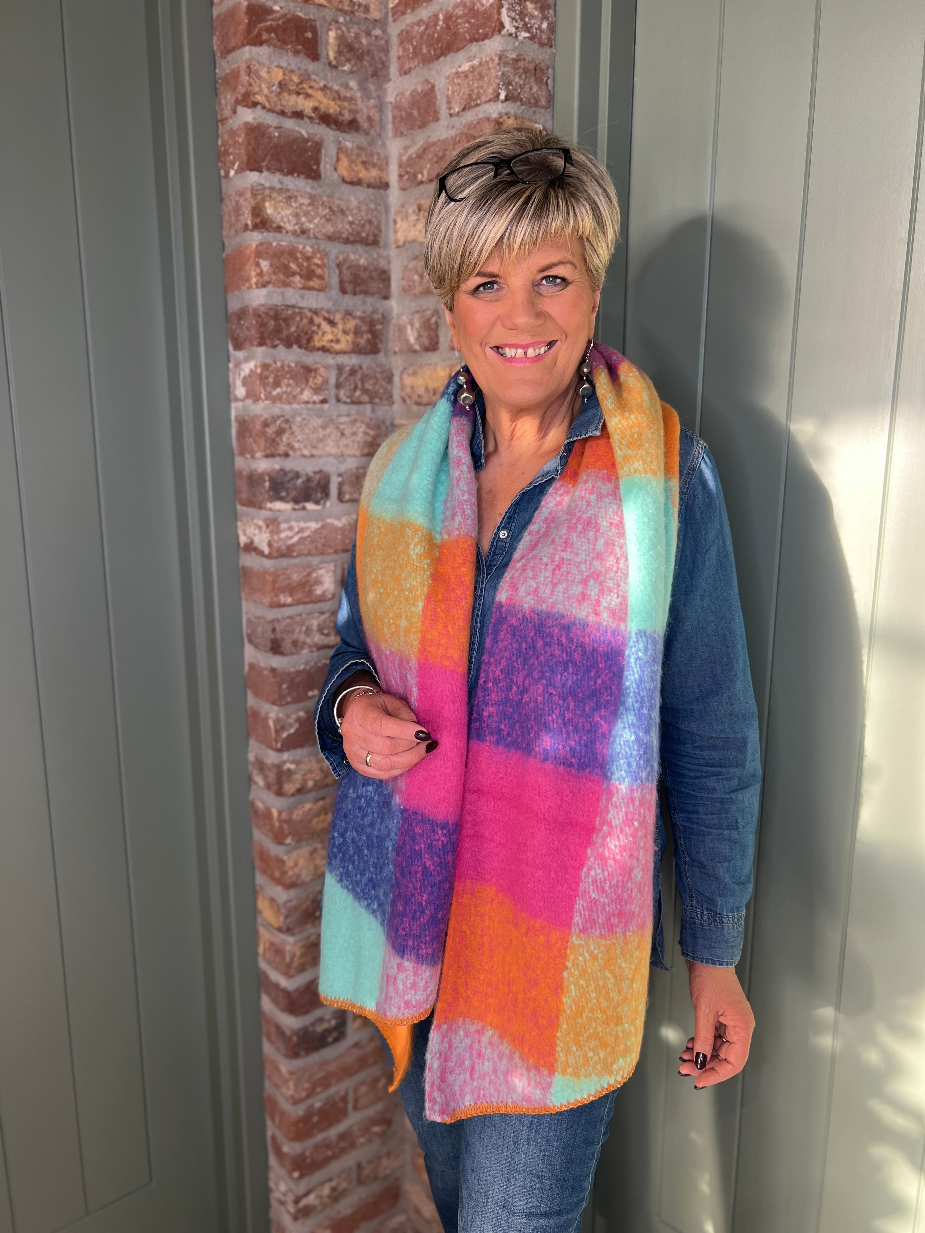 Sophie Tartan Angled Scarf In Pink Multi