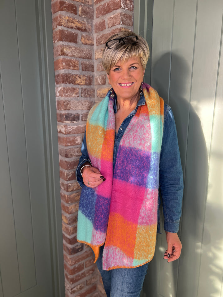 Sophie Tartan Angled Scarf In Pink Multi