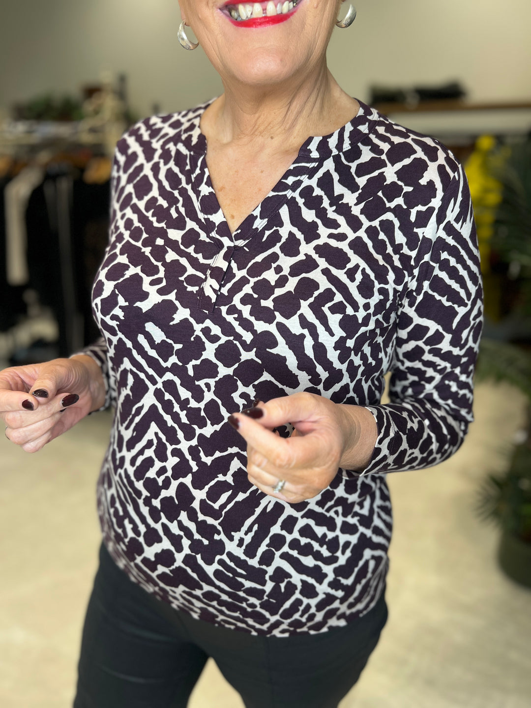 Cecil Split Neck Top In Eggplant Red