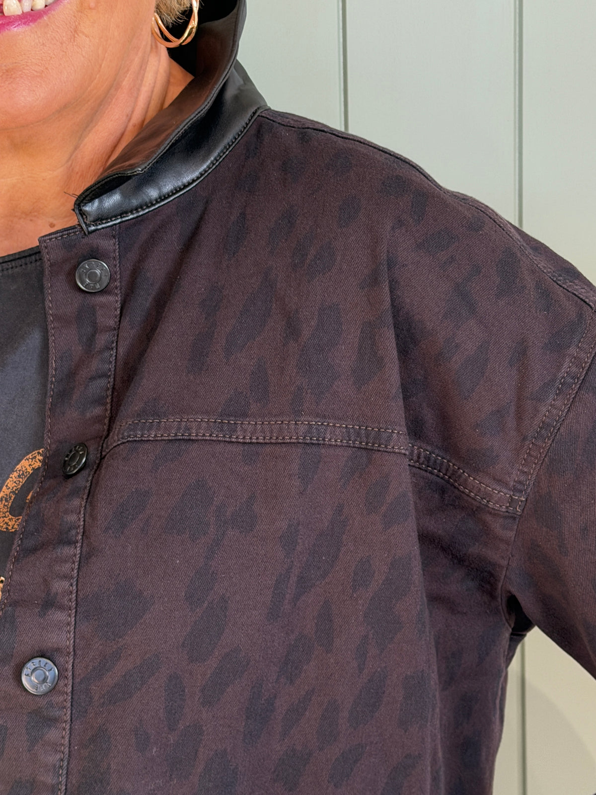 Leo print denim jacket in brown & black mix