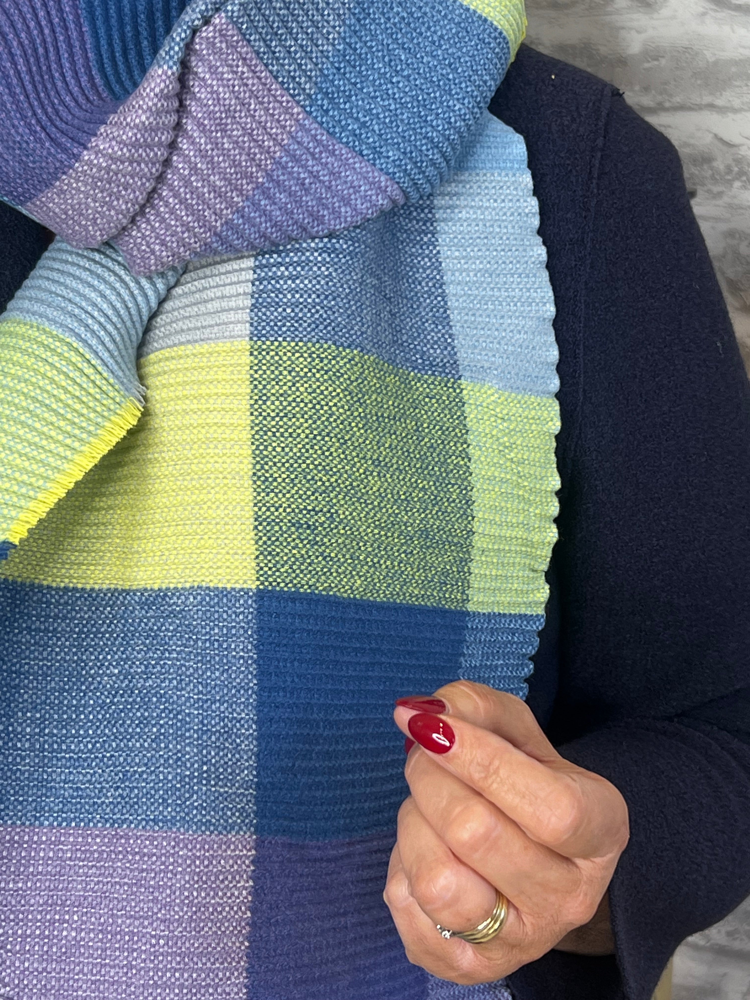 Elsa Checked Ribbed Scarf In Blue Multi