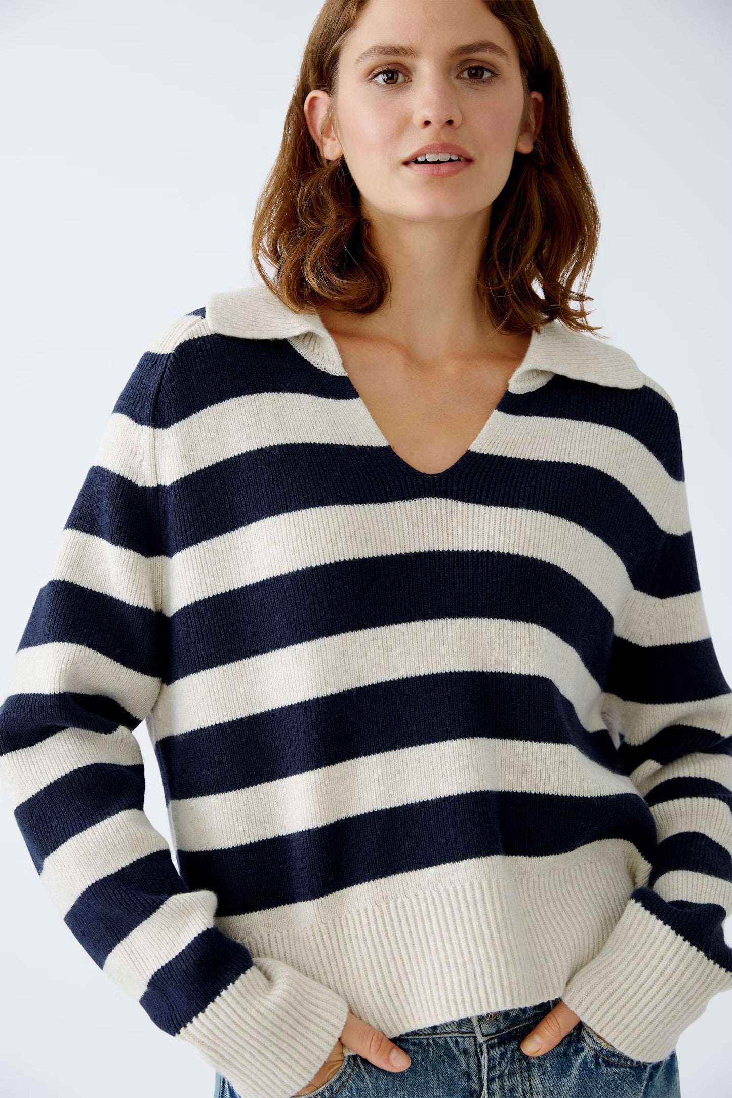 Oui Striped Pullover In White & Blue