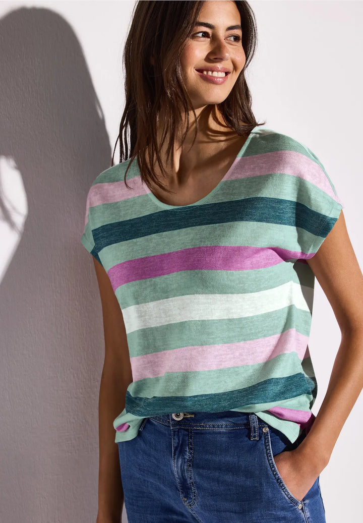Street One T-shirt With Stripes In Soft Jade Green