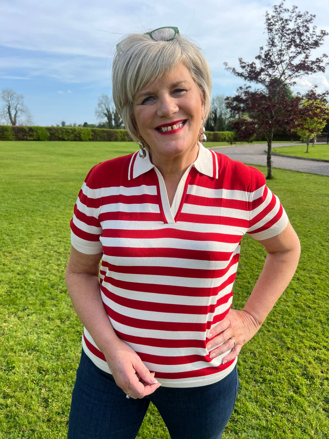 Monari Striped Polo Top In Red Multi