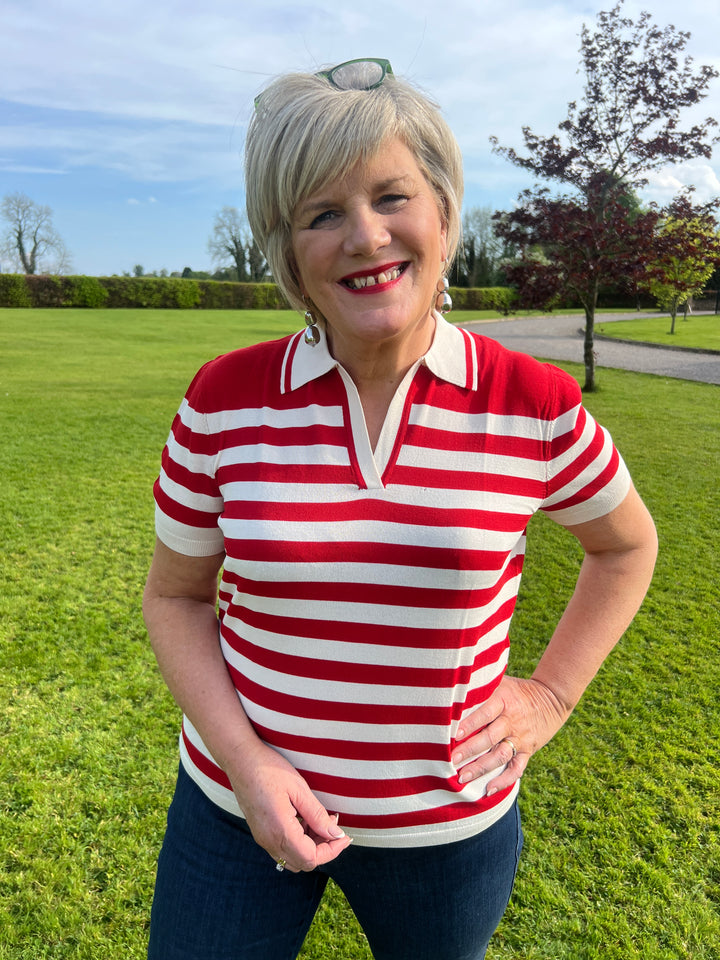Monari Striped Polo Top In Red Multi