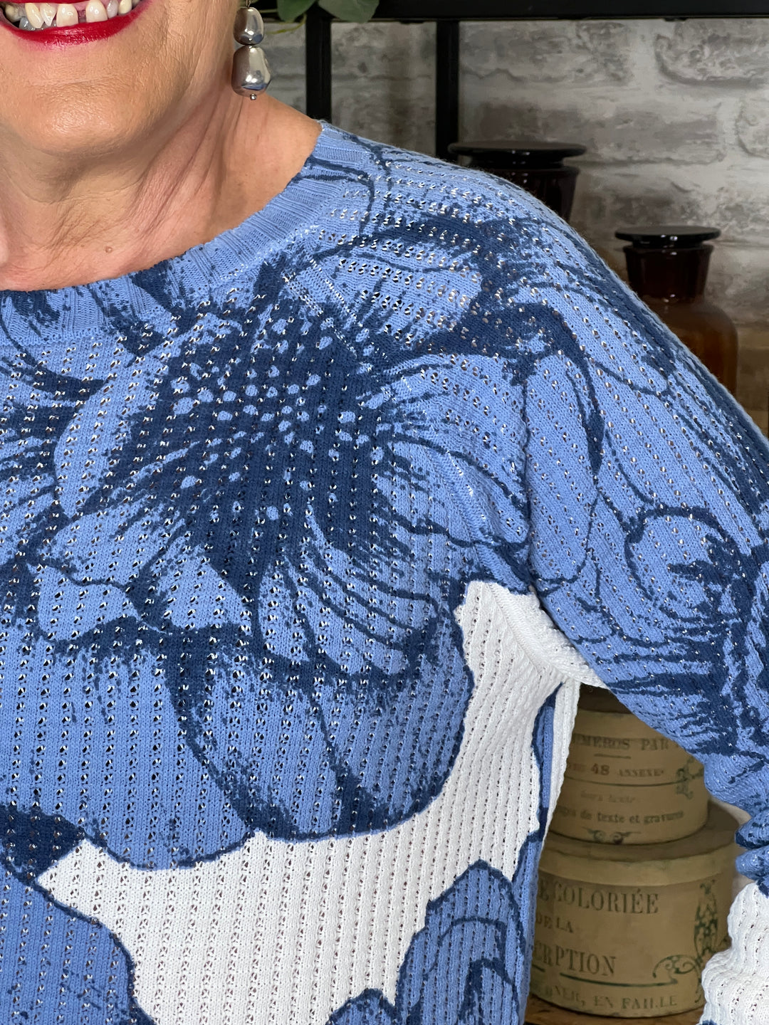 Oui Floral Pullover In Blue & White