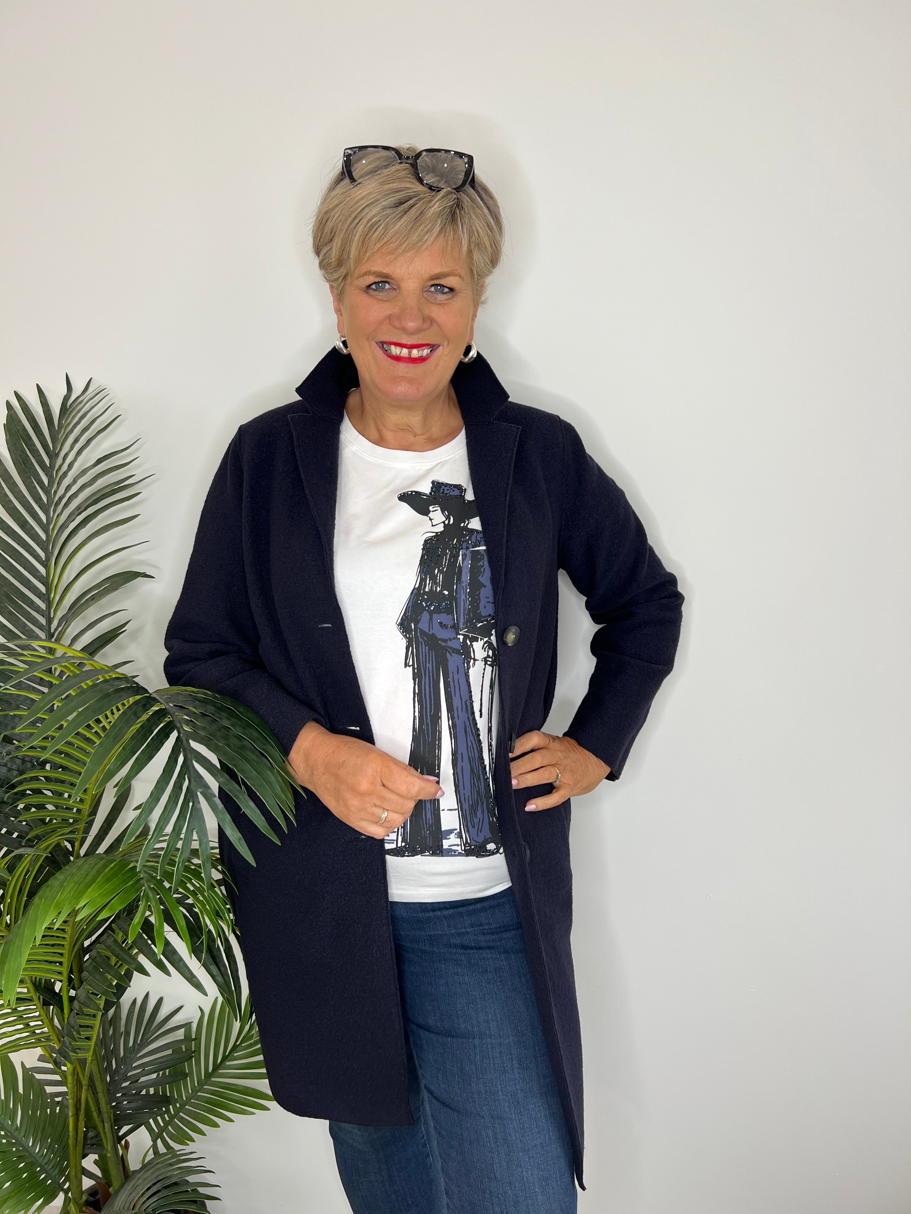 Oui Mayson Boiled Wool Coat In Dark Blue