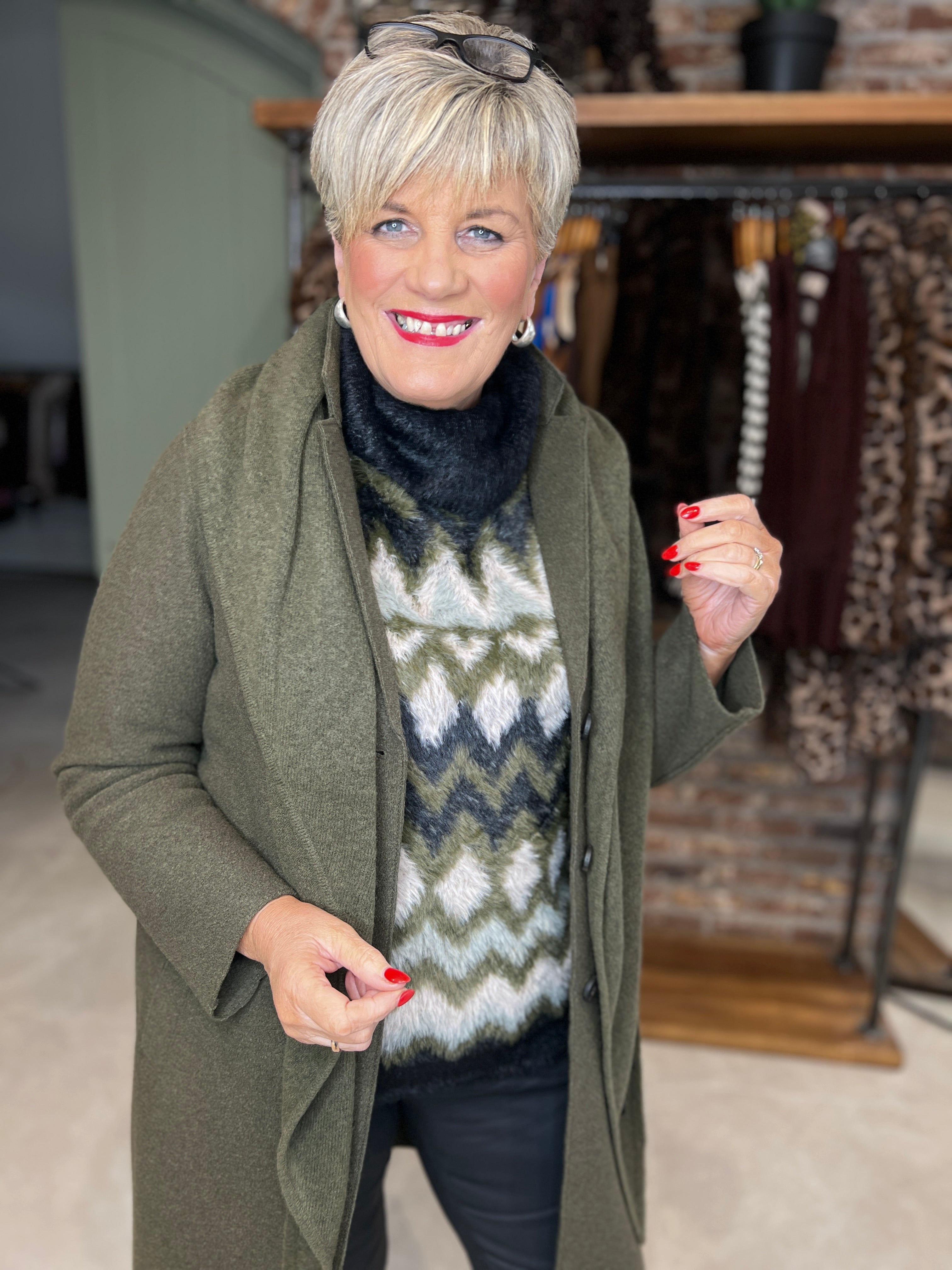 Oui Mayson Boiled Wool Coat In Khaki