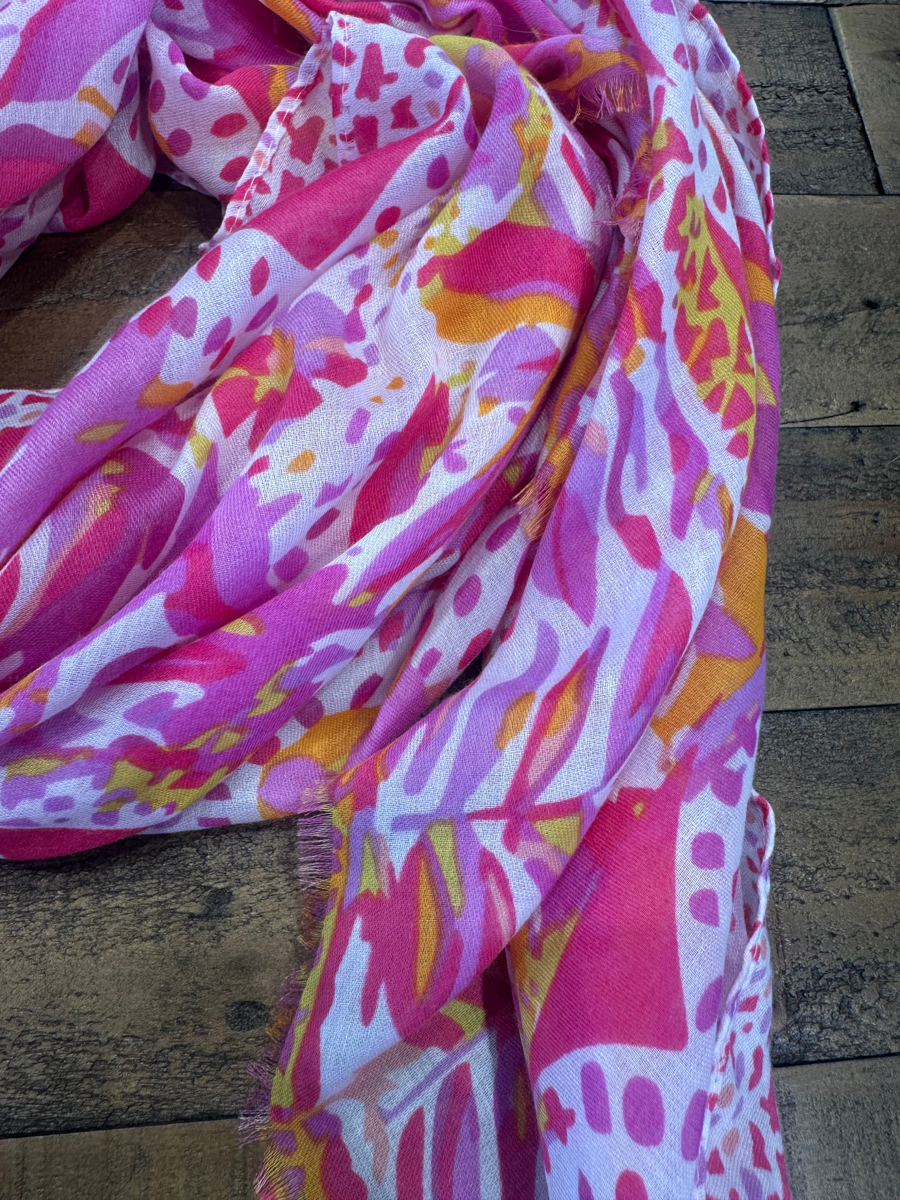 Polly Watercolour Flower Scarf In Hot Pink