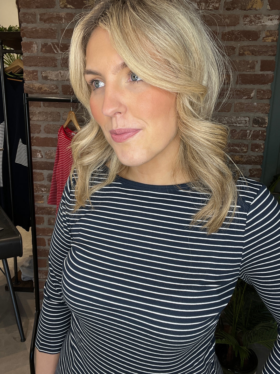 Street One Boat Neckline Striped Top In Navy