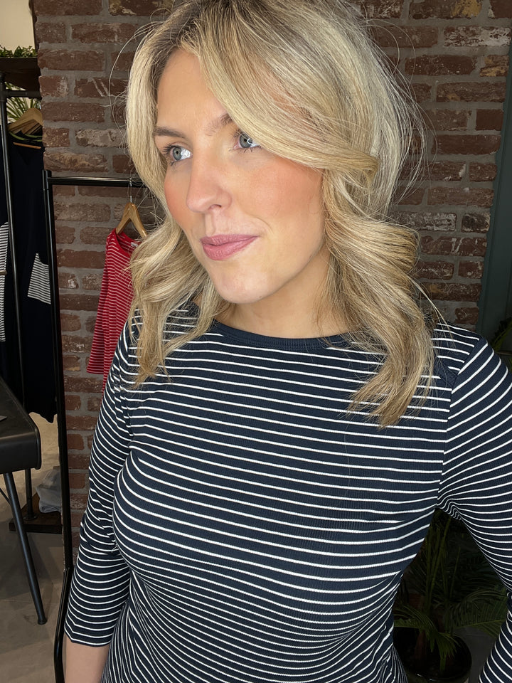 Street One Boat Neckline Striped Top In Navy
