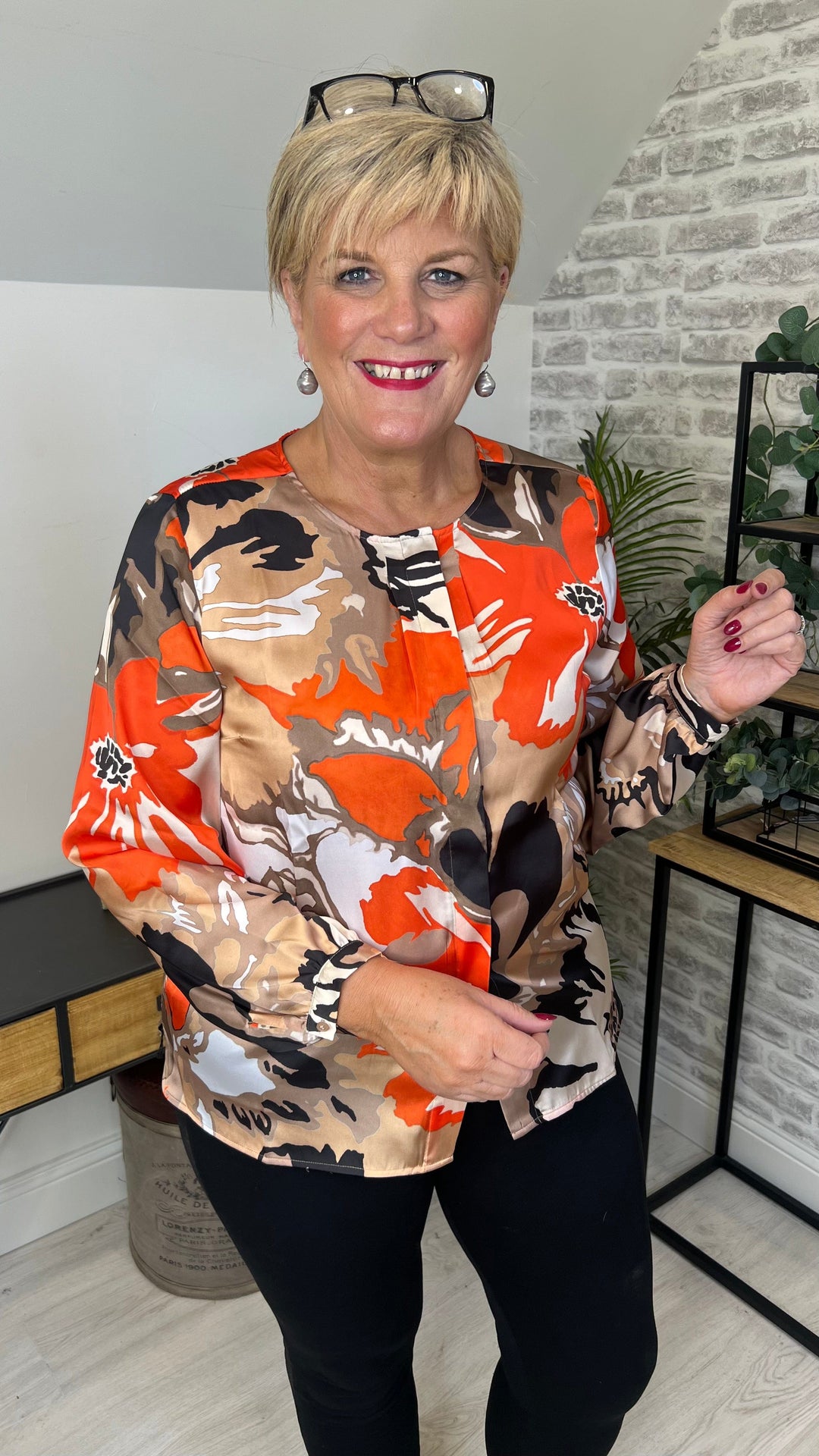 Monari Satin Floral Print blouse in Orange