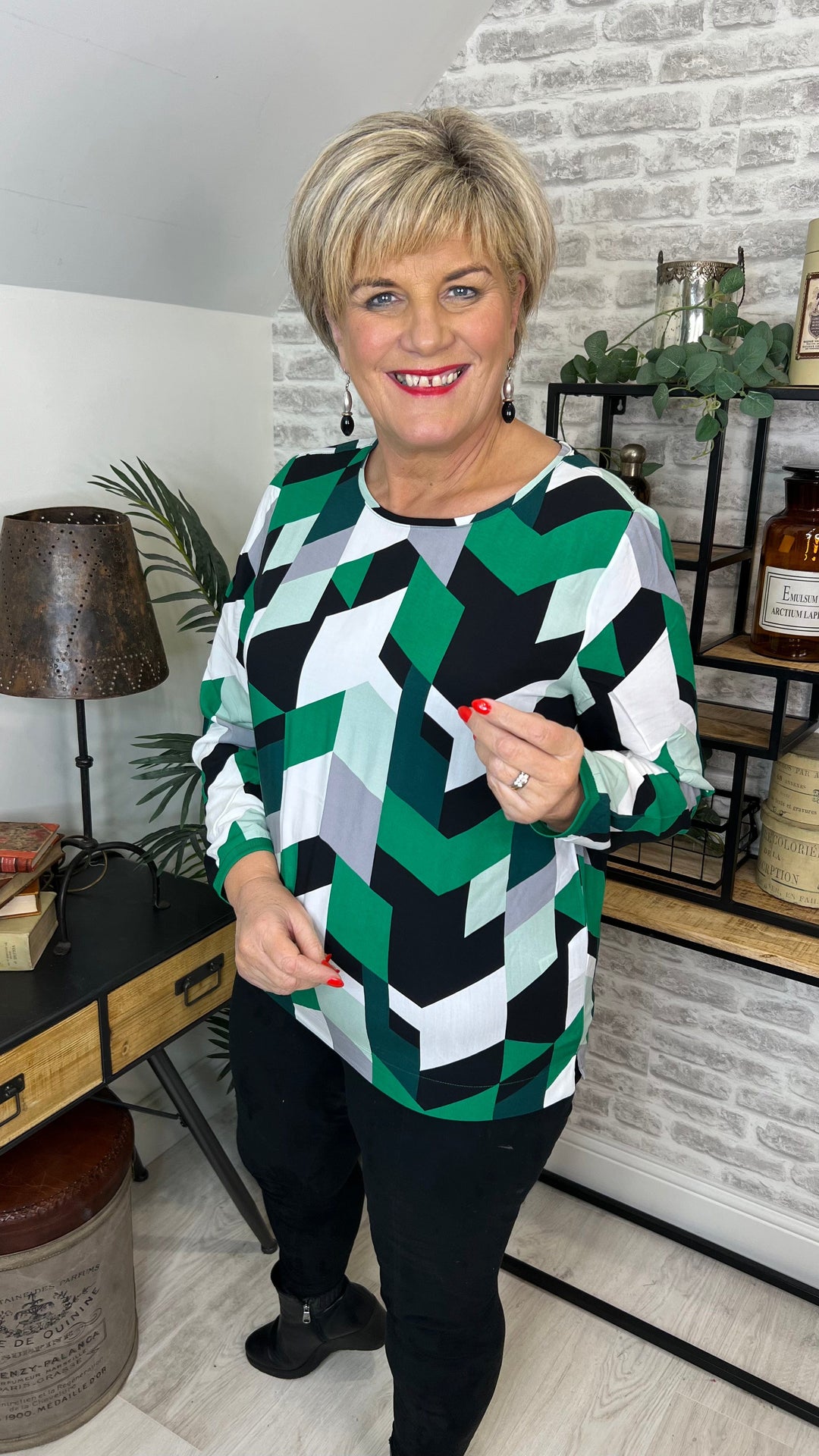 Cecil Geometric Patterned Blouse In Easy Green