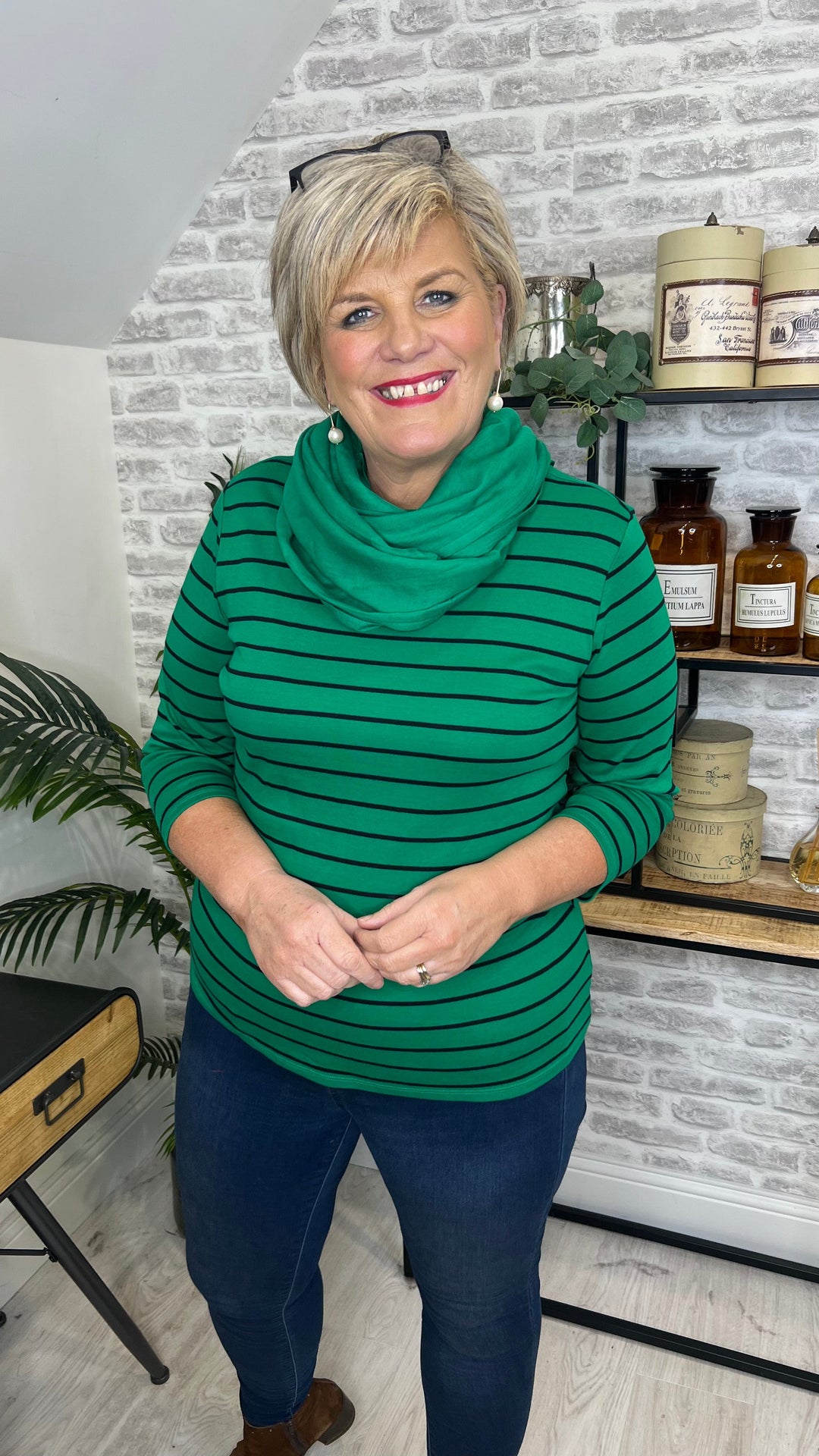 Cecil Boatneck Top With Stripes In Green & Black
