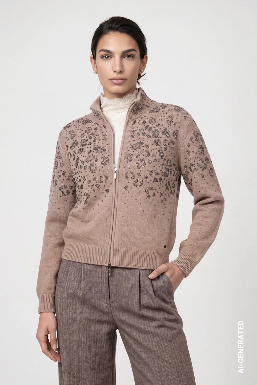 Leopard rhinestones jacket in sesame