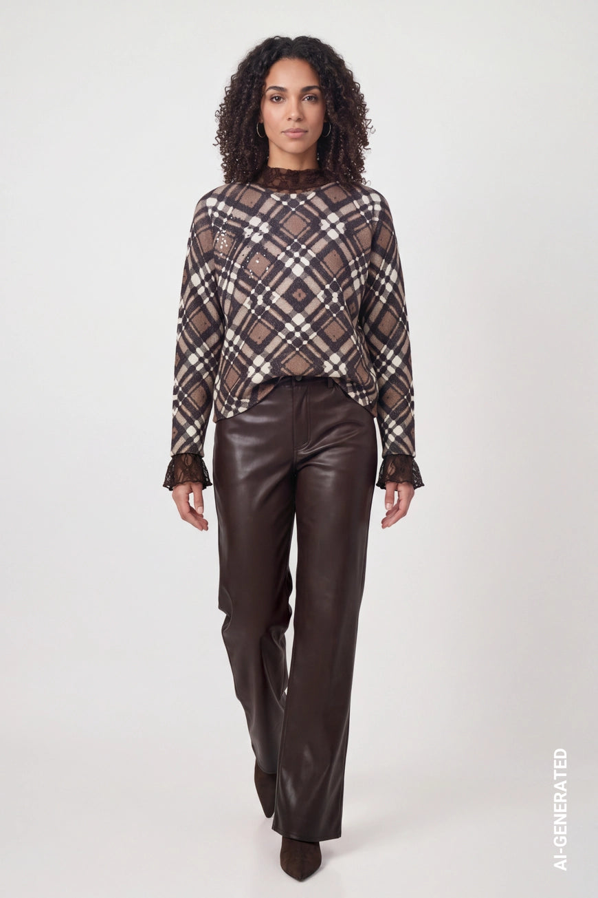 Check pattern pullover in chocolate brown multi